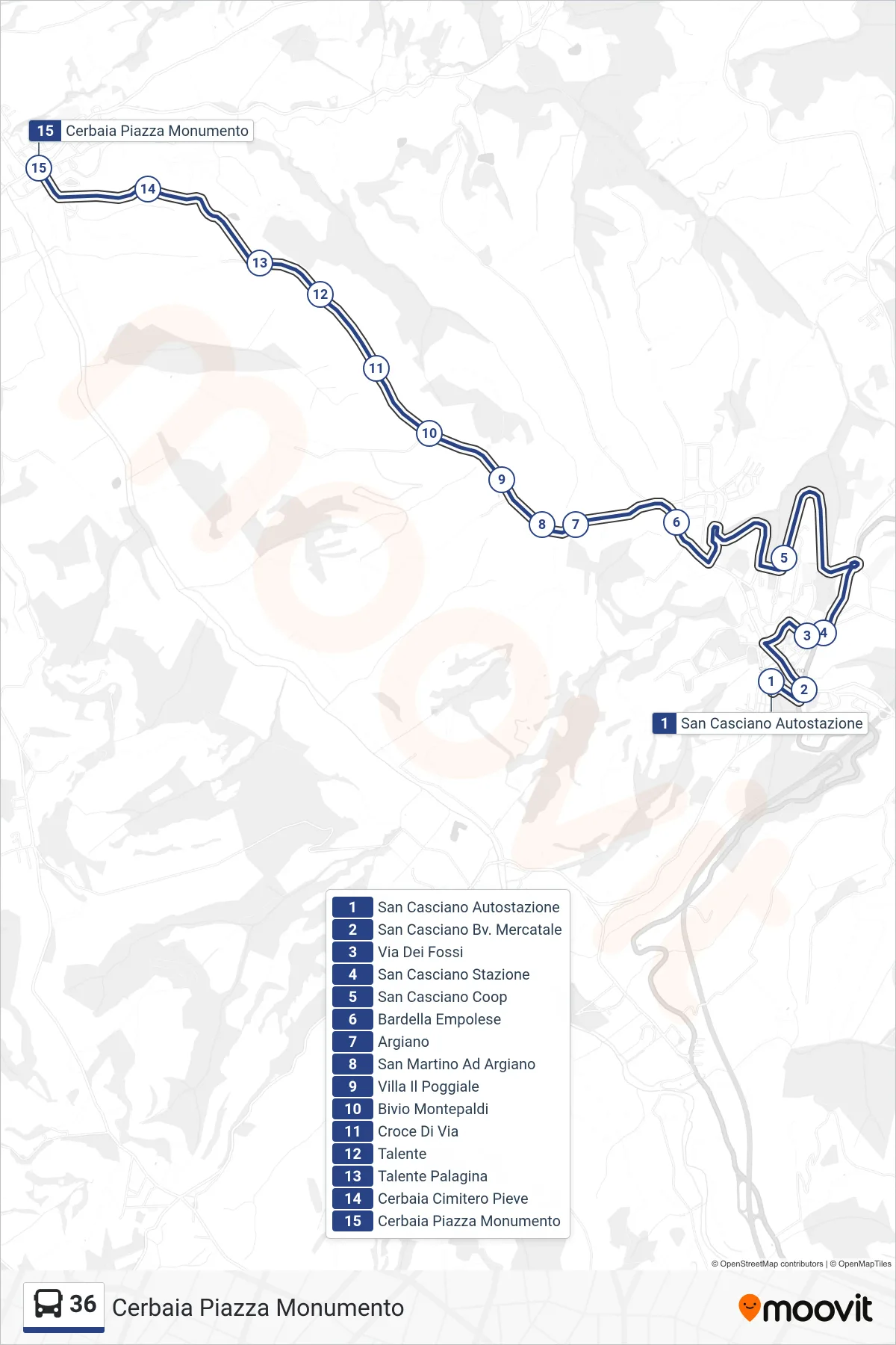 Linea 36 bus (Cerbaia Piazza Monumento) - Percorsi e fermate sulla mappa