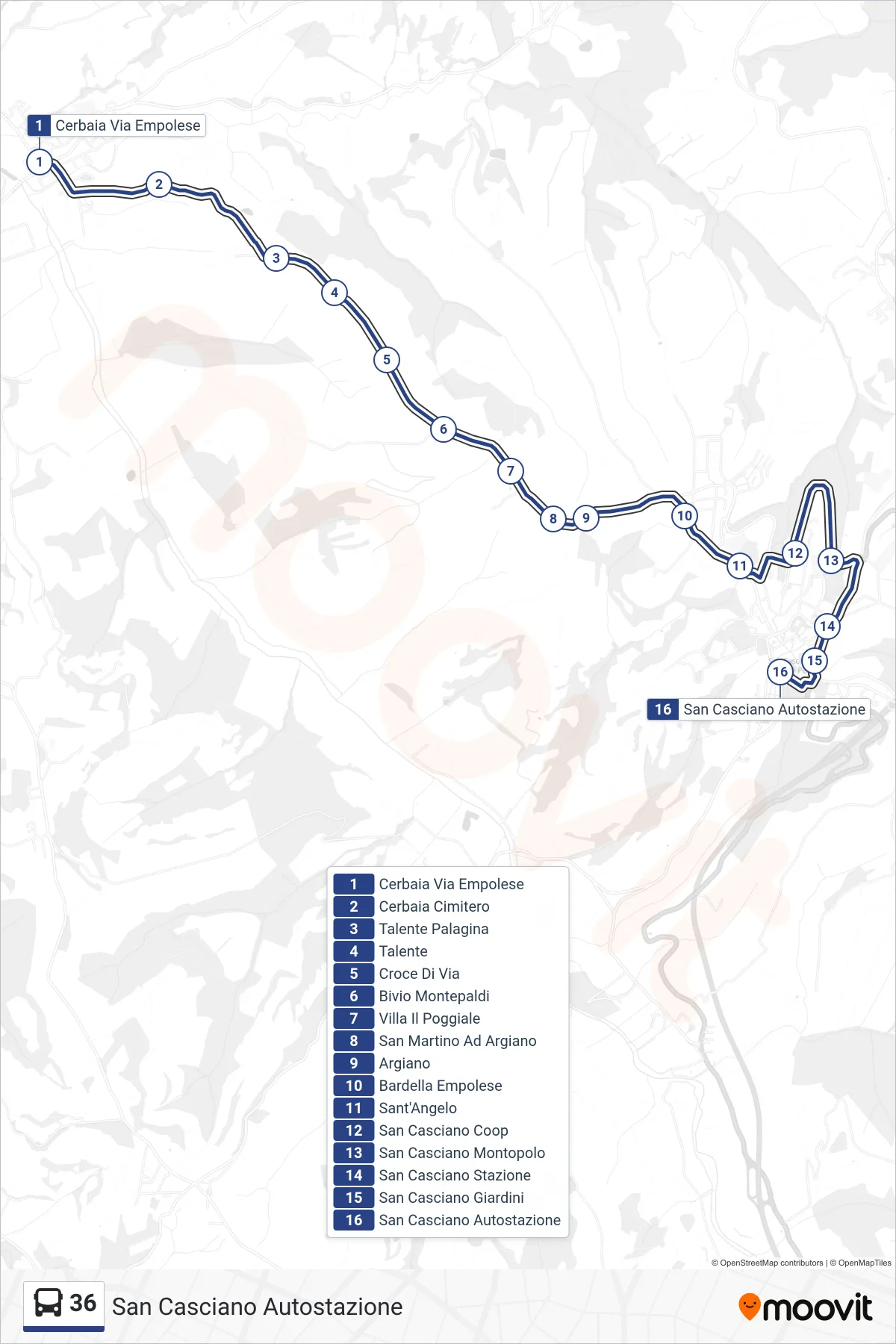Linea 36 bus (San Casciano Autostazione) - Percorsi e fermate sulla mappa