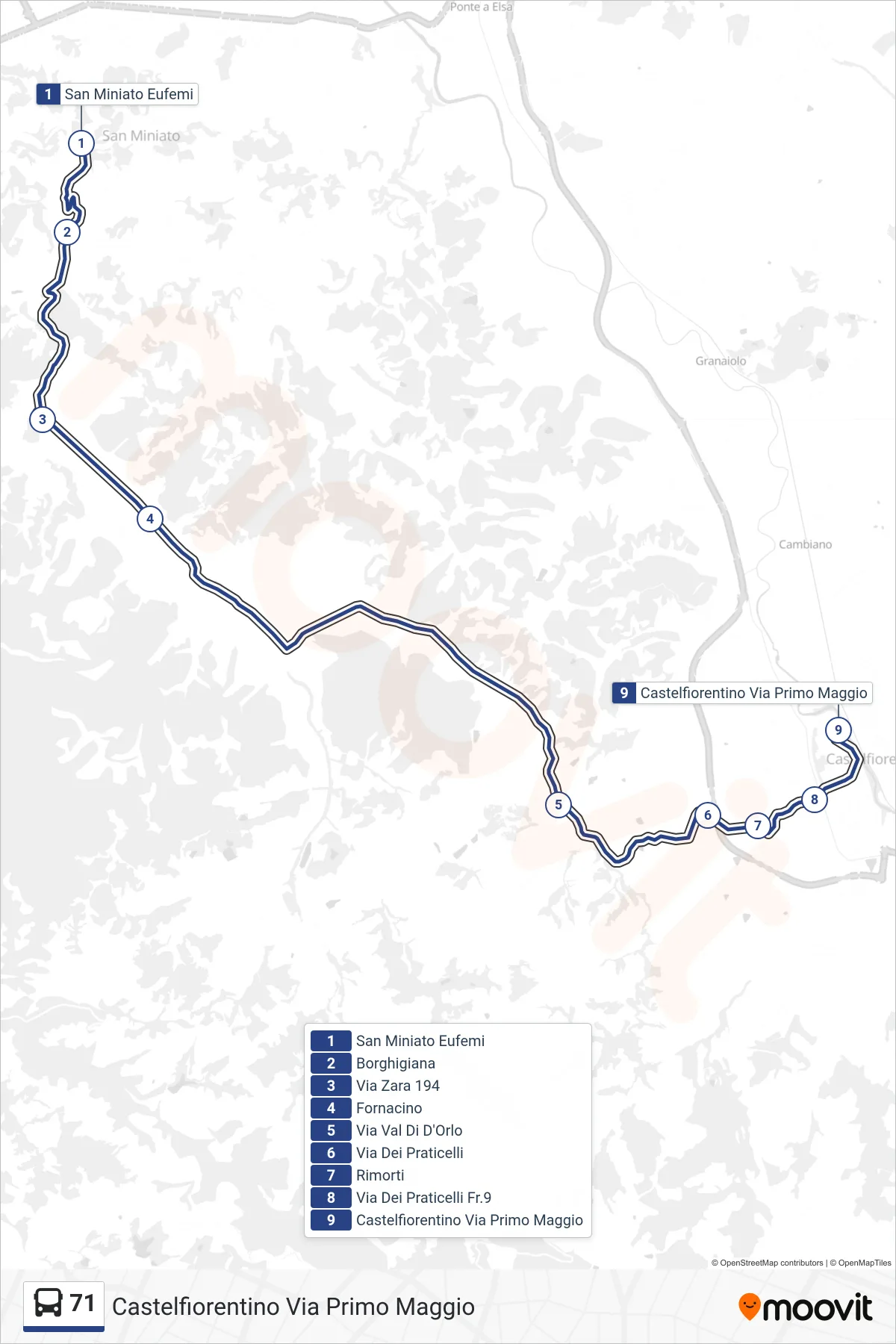 Linea 71  bus (Castelfiorentino Via Primo Maggio) - Percorsi e fermate sulla mappa