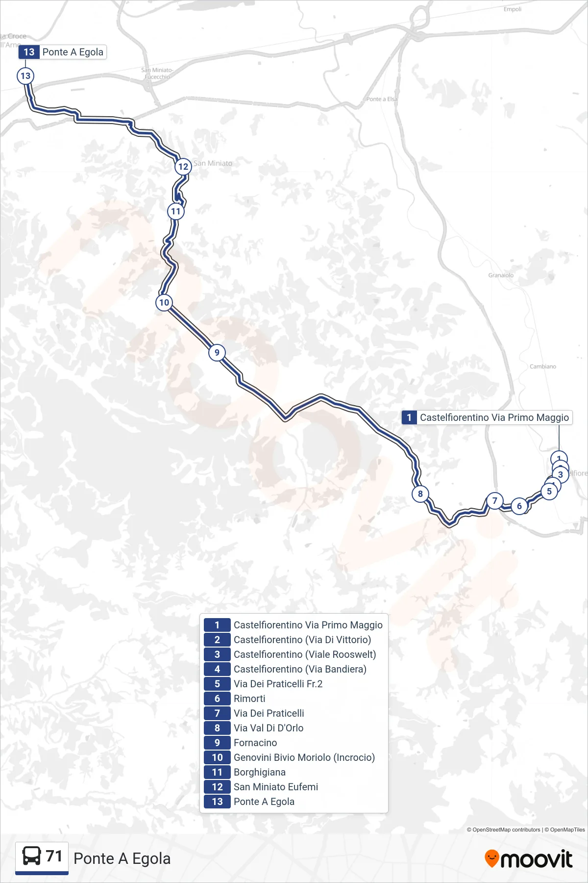 Linea 71 bus (Ponte A Egola) - Percorsi e fermate sulla mappa