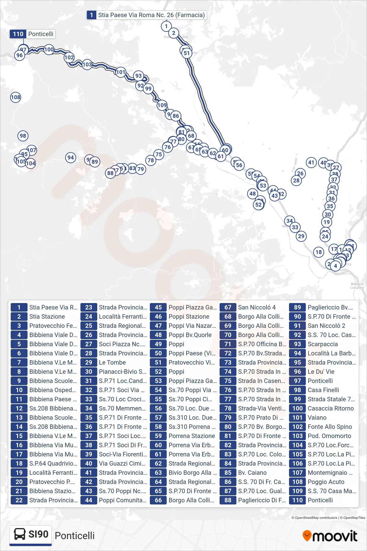 Linea SI90 bus (Ponticelli) - Percorsi e fermate sulla mappa