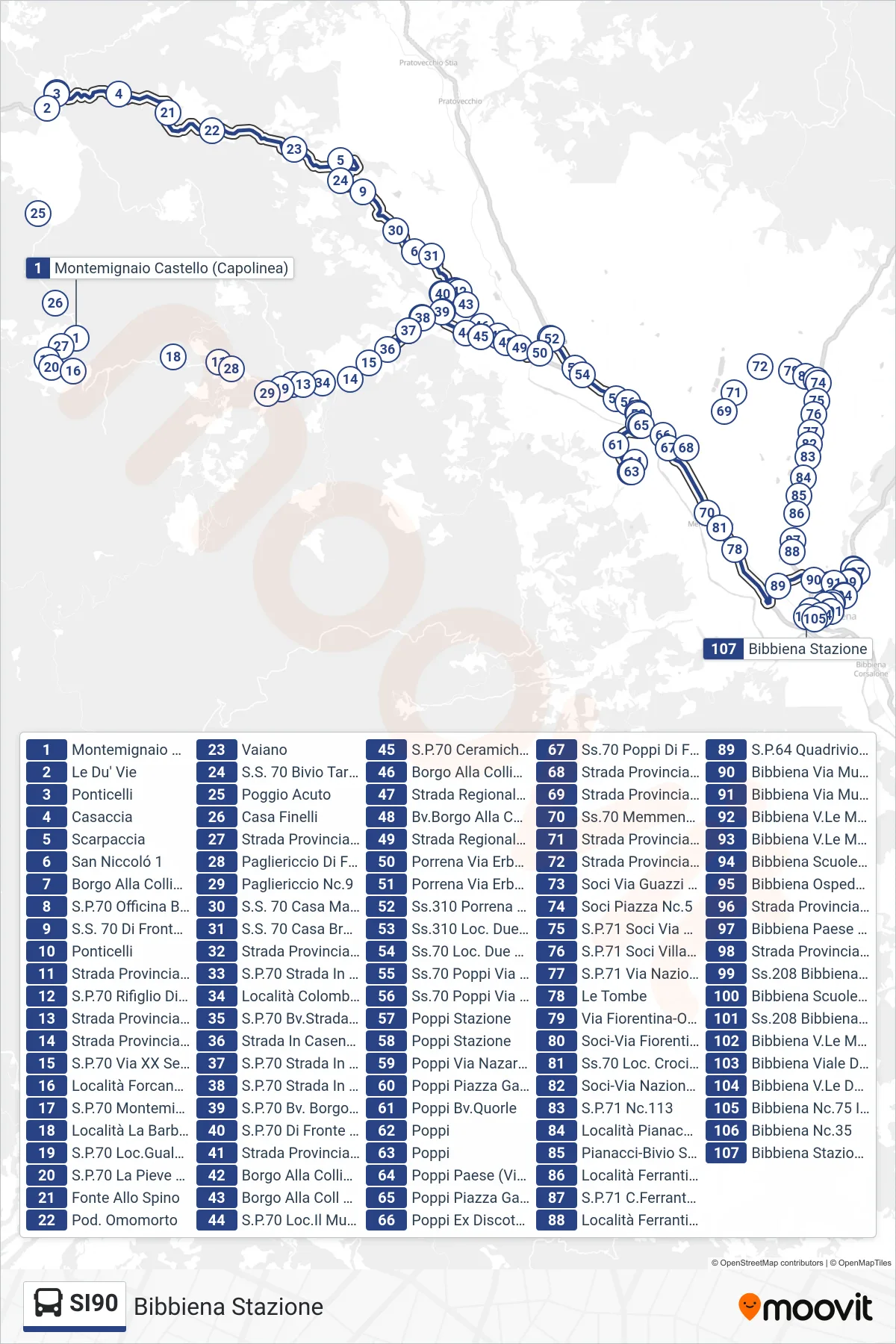 Linea SI90 bus (Bibbiena Stazione) - Percorsi e fermate sulla mappa