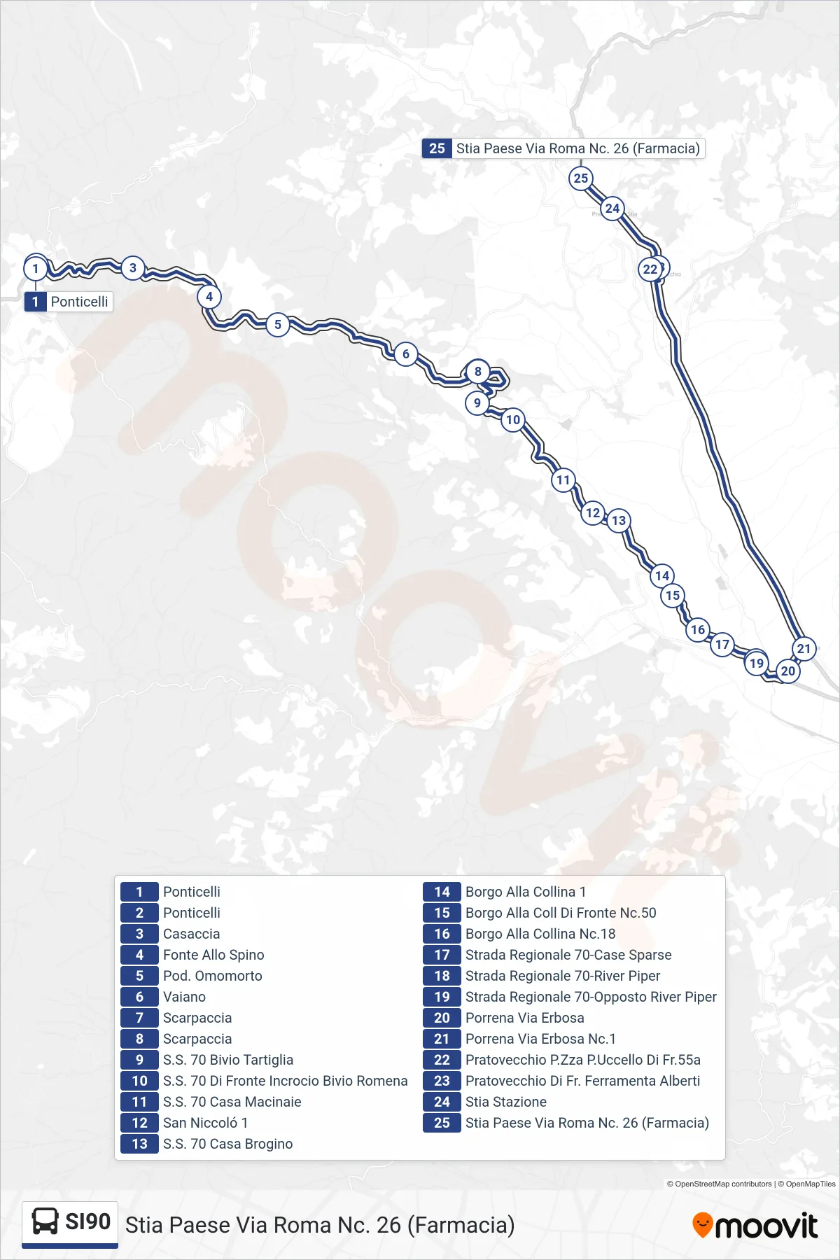 Linea SI90  bus (Stia Paese Via Roma Nc. 26 (Farmacia)) - Percorsi e fermate sulla mappa