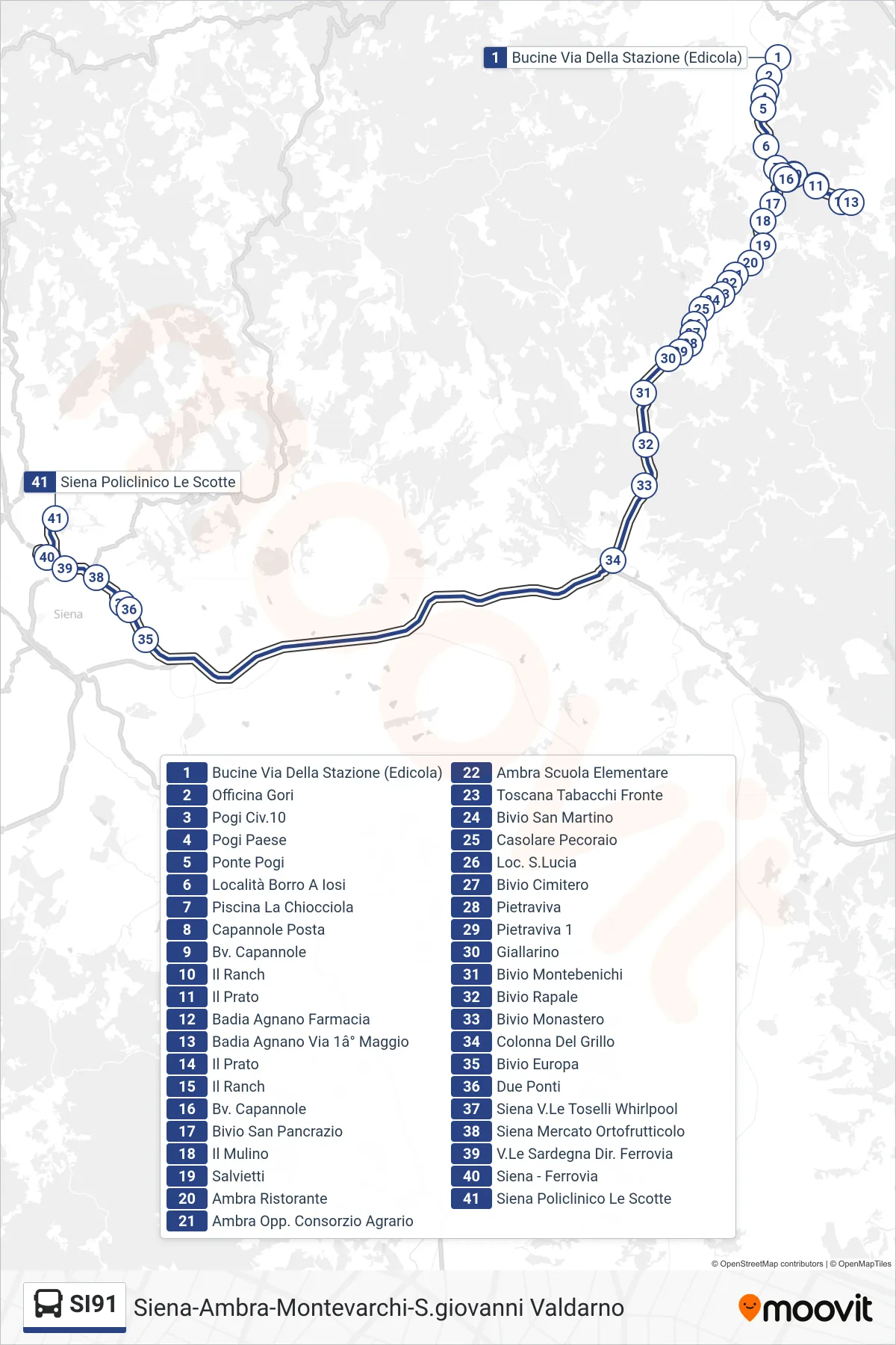 Linea SI91 bus (Siena Policlinico) - Percorsi e fermate sulla mappa