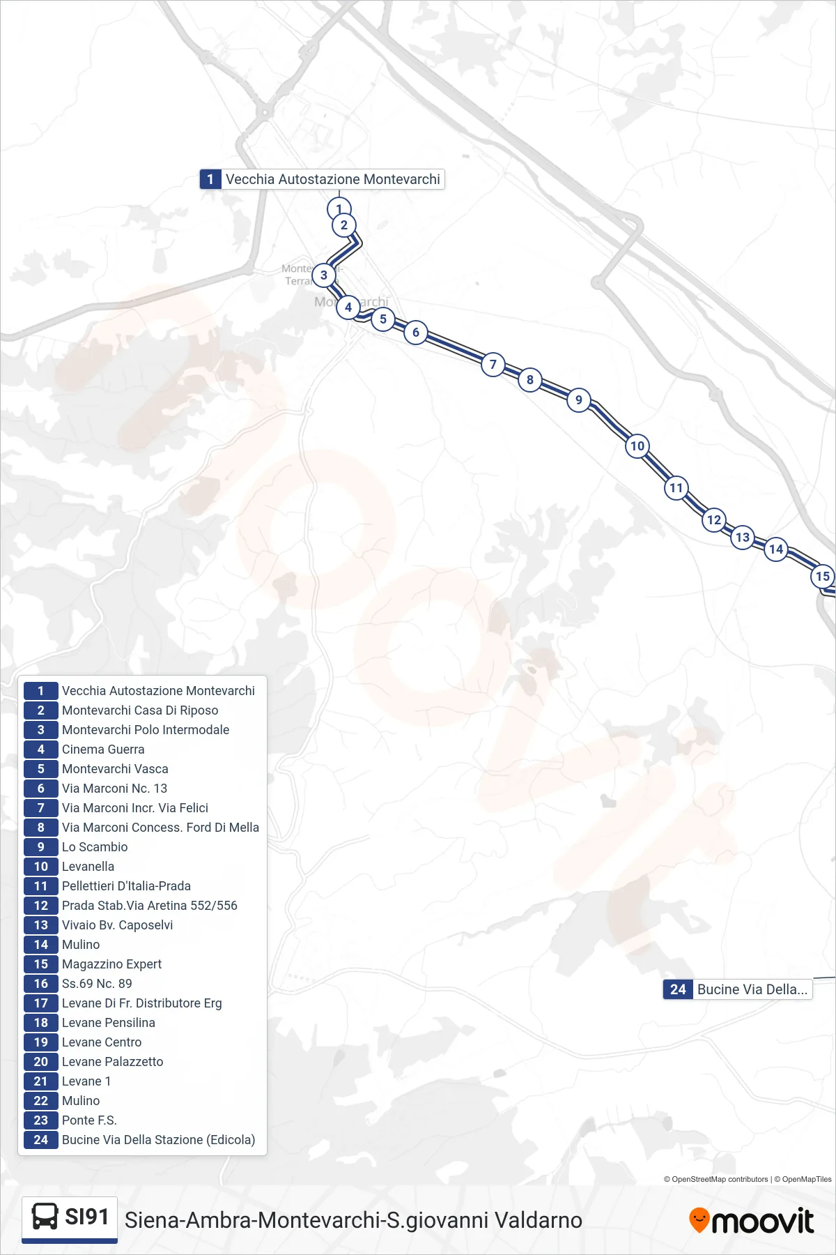 Linea SI91 bus (Bucine Via Della Stazione (Edicola)) - Percorsi e fermate sulla mappa