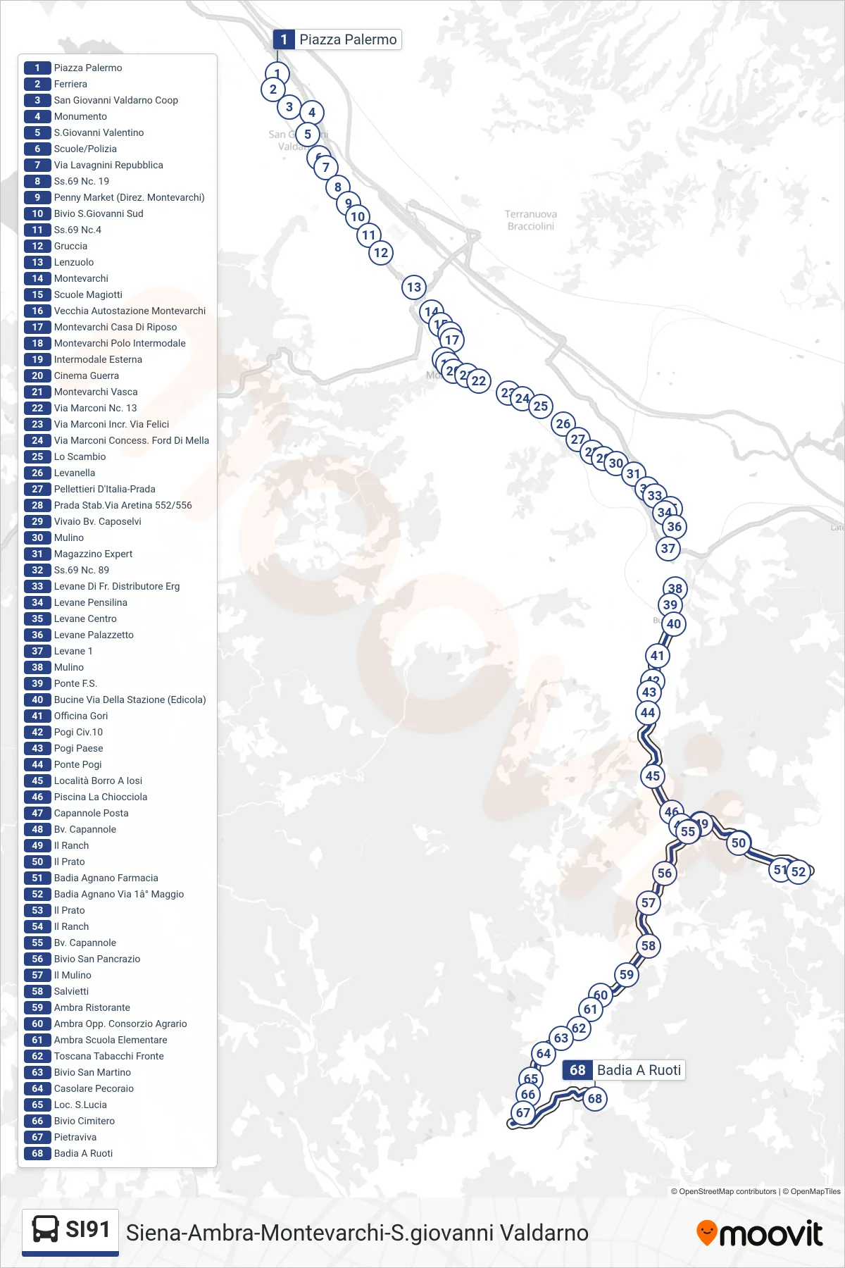 Linea SI91  bus (Badia A Ruoti) - Percorsi e fermate sulla mappa