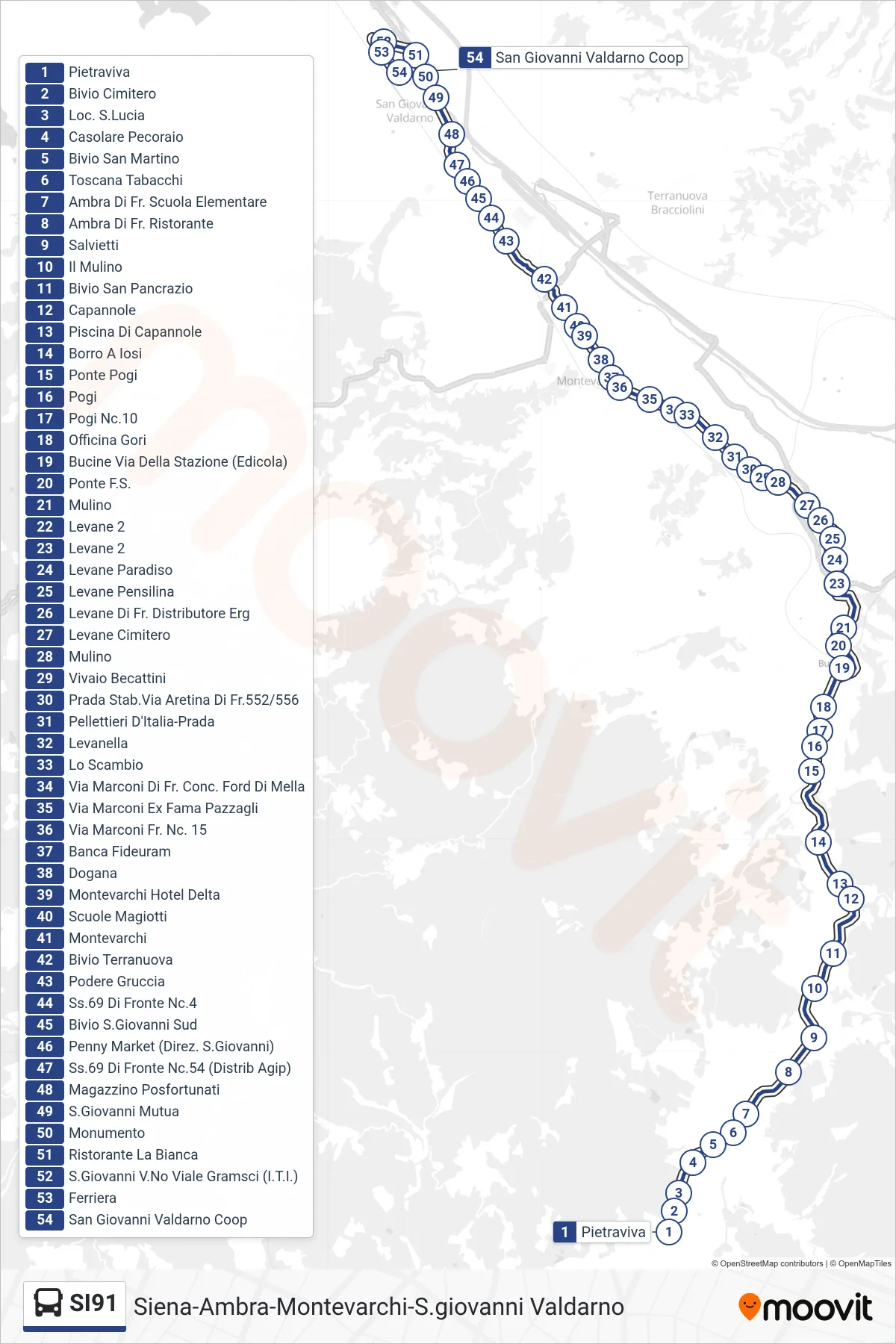 Linea SI91 bus (San Giovanni Valdarno Coop) - Percorsi e fermate sulla mappa