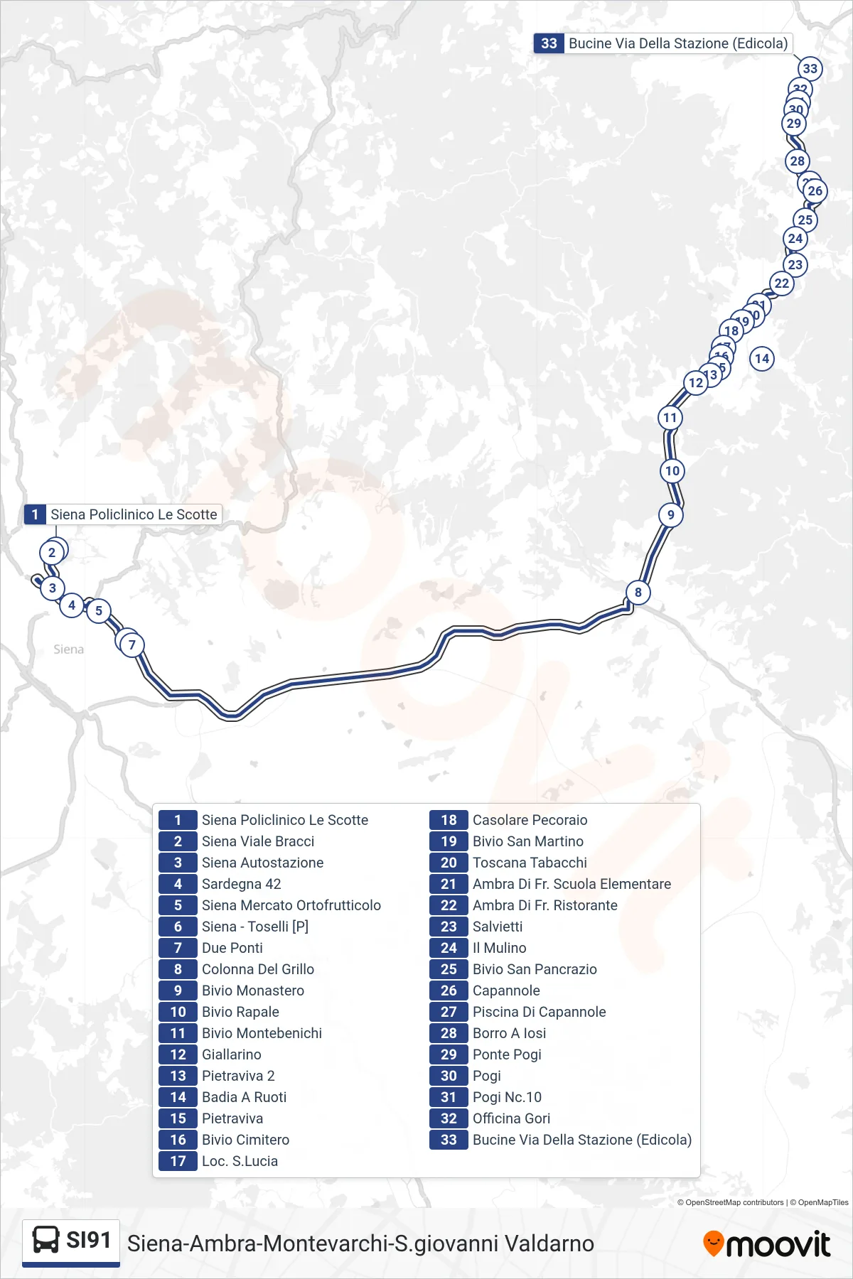 Linea SI91 bus (Bucine Via Della Stazione (Edicola)) - Percorsi e fermate sulla mappa