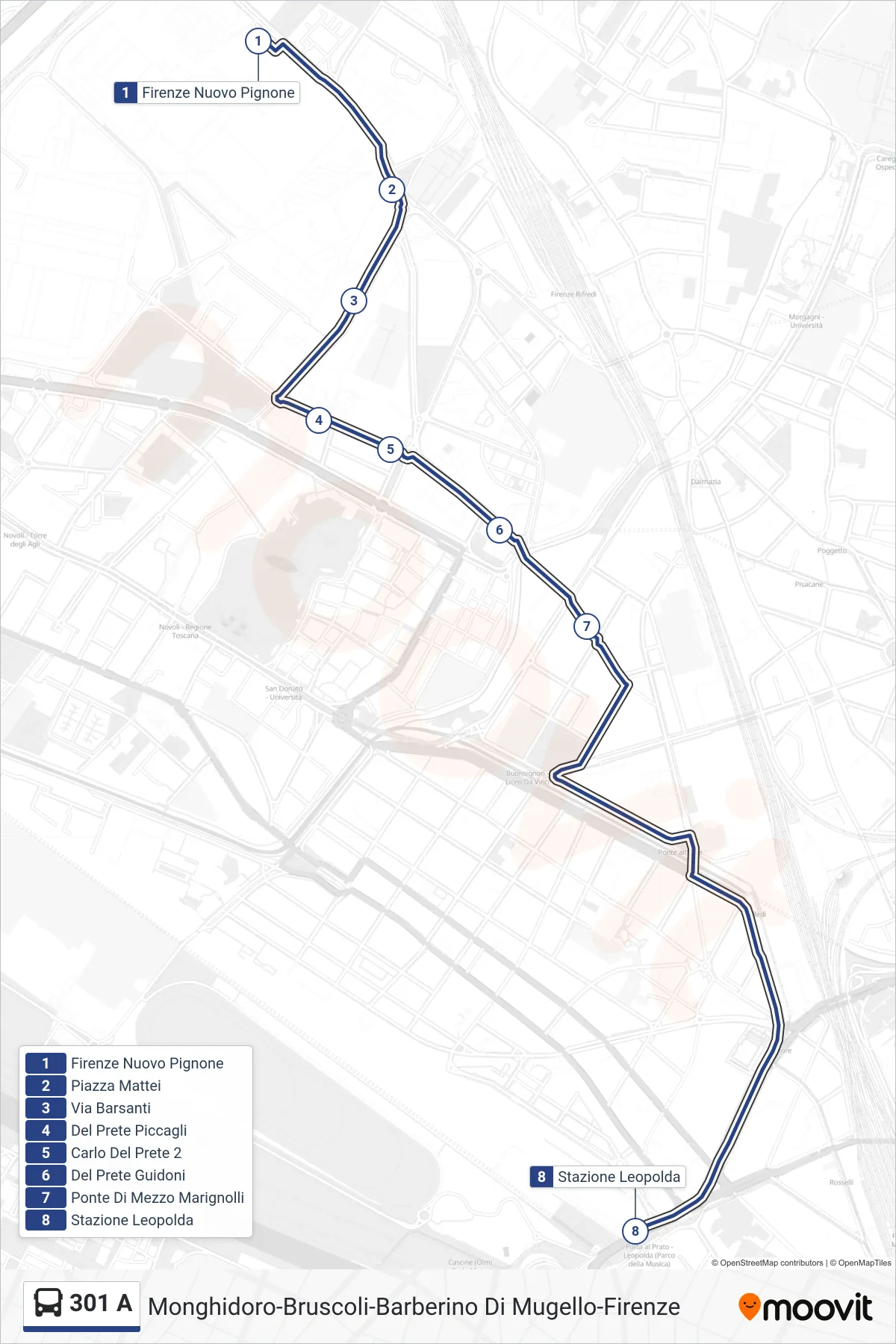 Linea 301 A bus (Stazione Leopolda) - Percorsi e fermate sulla mappa