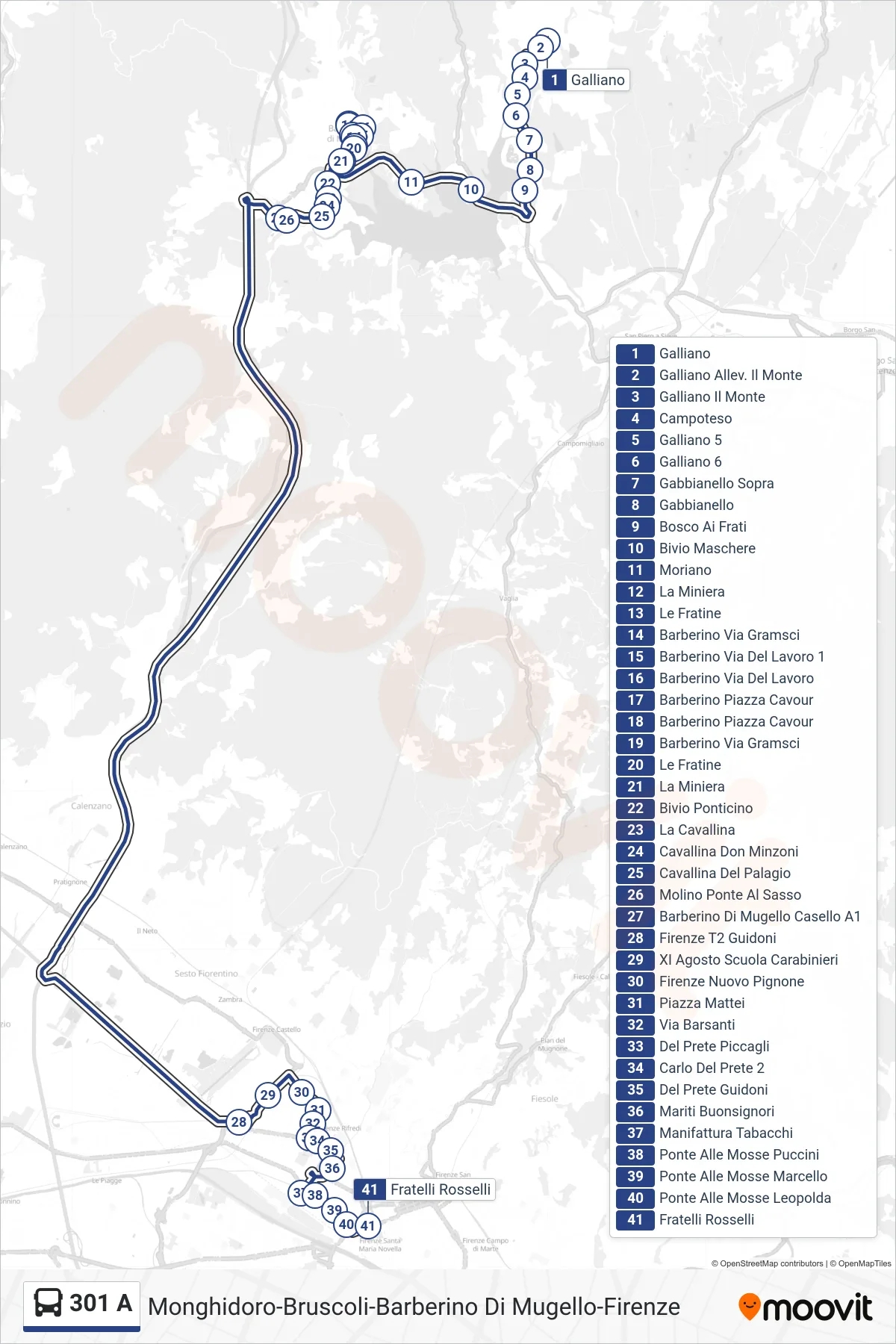 Linea 301 A bus (Fratelli Rosselli) - Percorsi e fermate sulla mappa