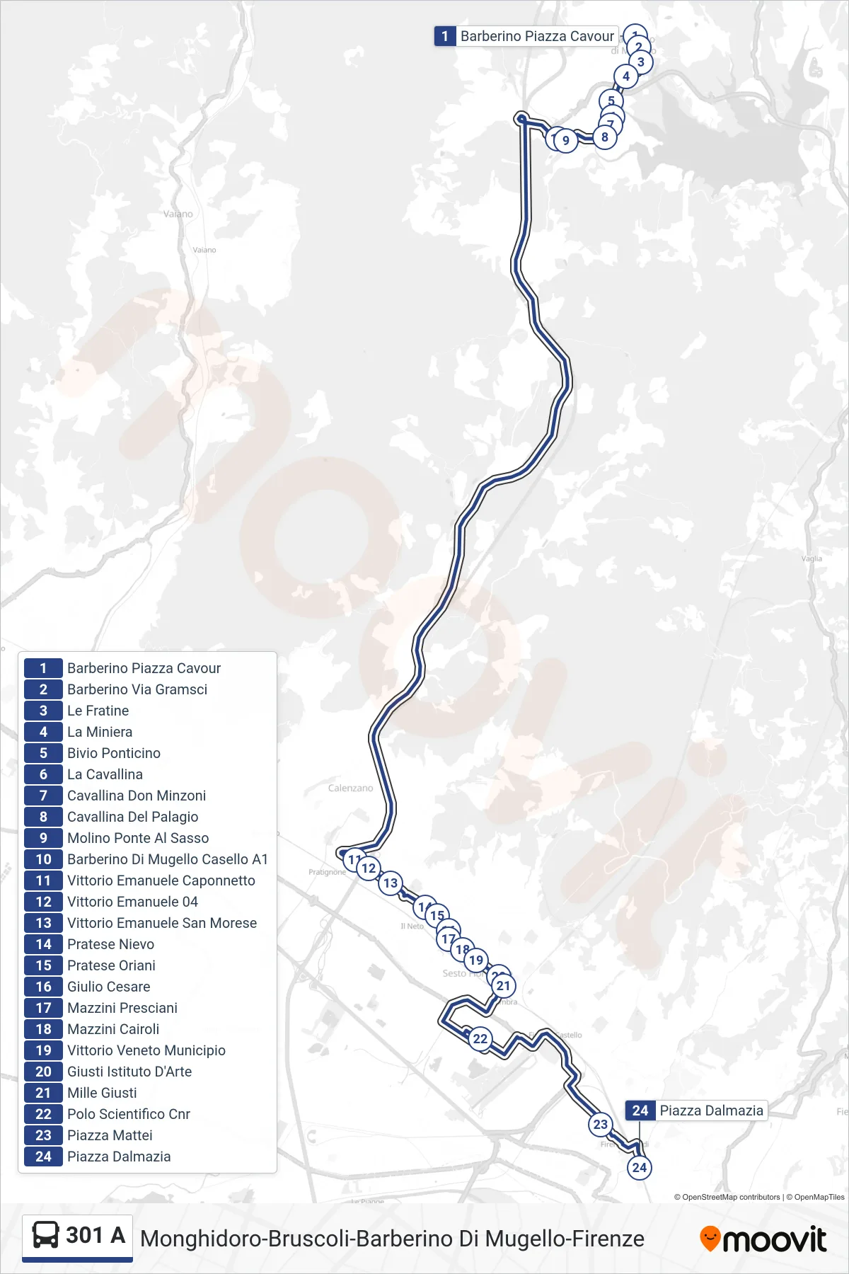 Linea 301 A  bus (Piazza Dalmazia) - Percorsi e fermate sulla mappa