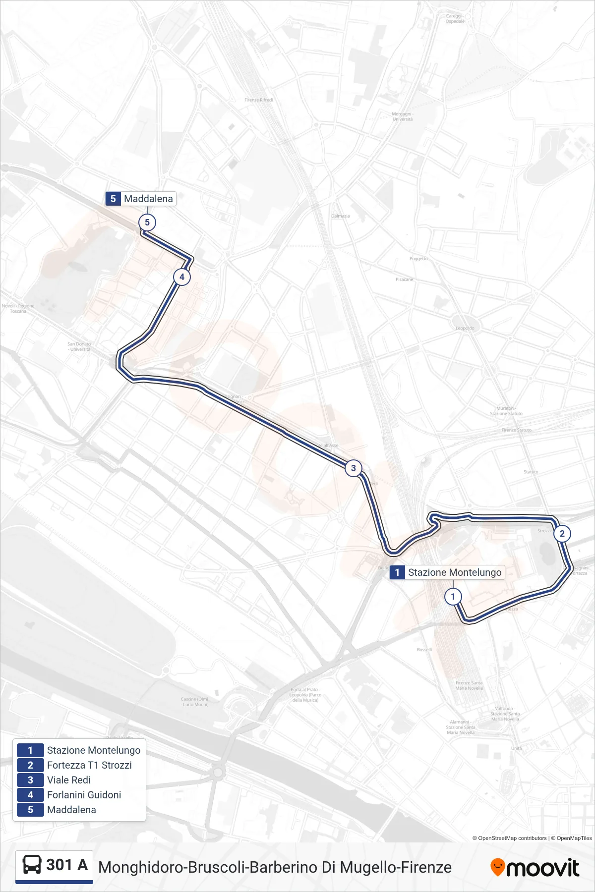 Linea 301 A  bus (Firenze Novoli Via Maddalena) - Percorsi e fermate sulla mappa