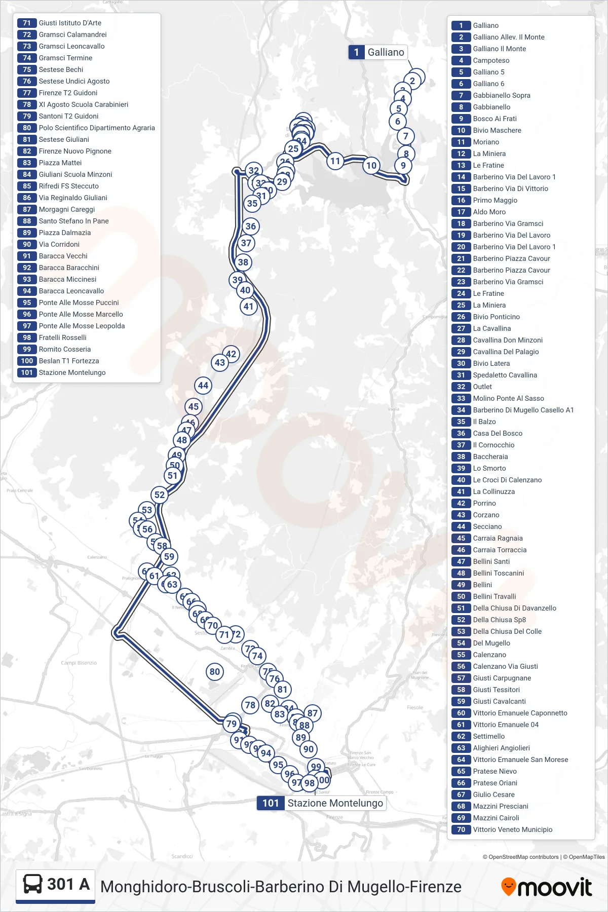 Linea 301 A bus (Firenze Hub Montelungo) - Percorsi e fermate sulla mappa