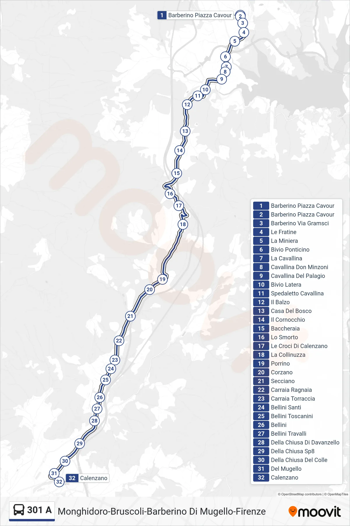 Linea 301 A bus (Calenzano) - Percorsi e fermate sulla mappa