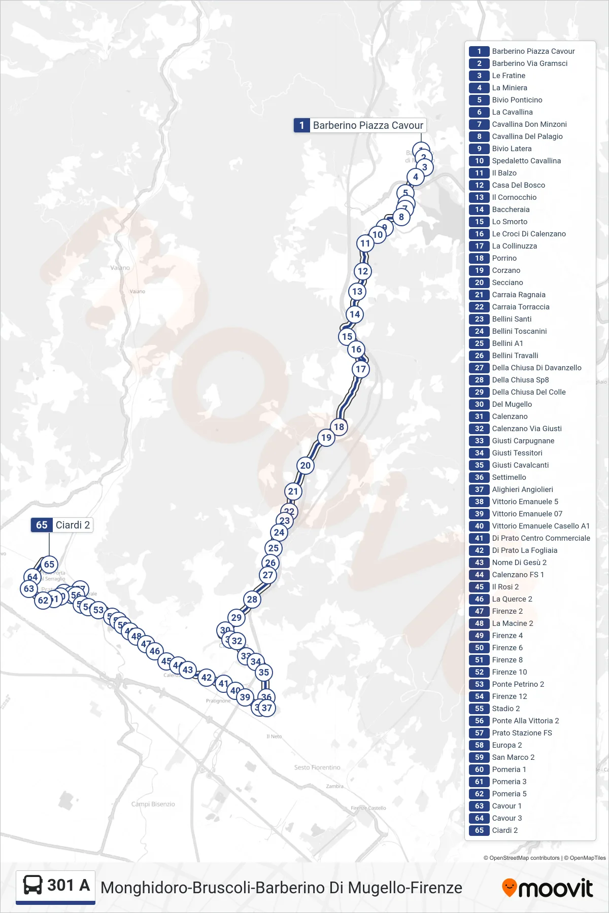 Linea 301 A bus (Prato Piazza Ciardi) - Percorsi e fermate sulla mappa