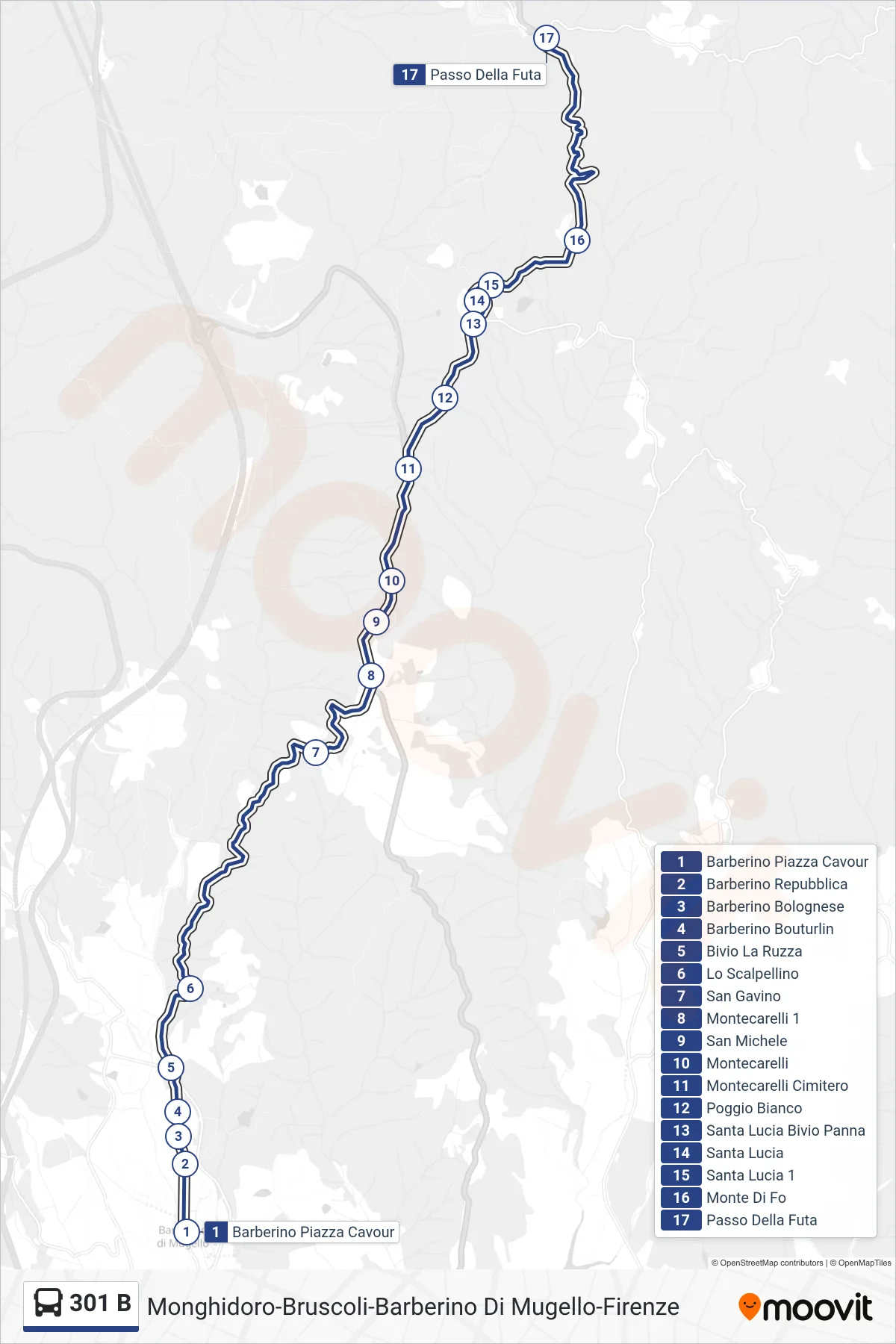 Linea 301 B  bus (Passo Della Futa) - Percorsi e fermate sulla mappa
