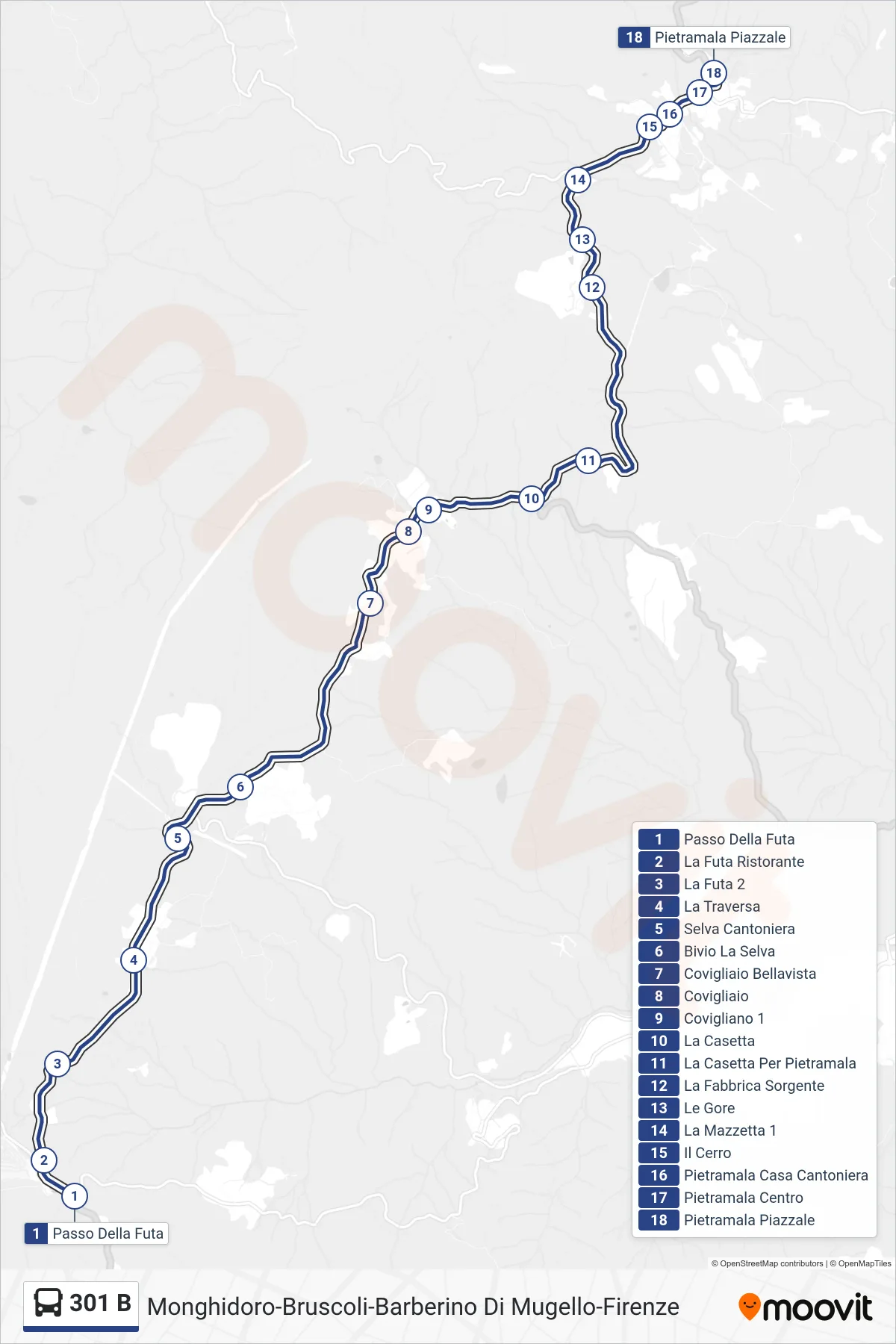 Linea 301 B bus (Pietramala Piazzale) - Percorsi e fermate sulla mappa