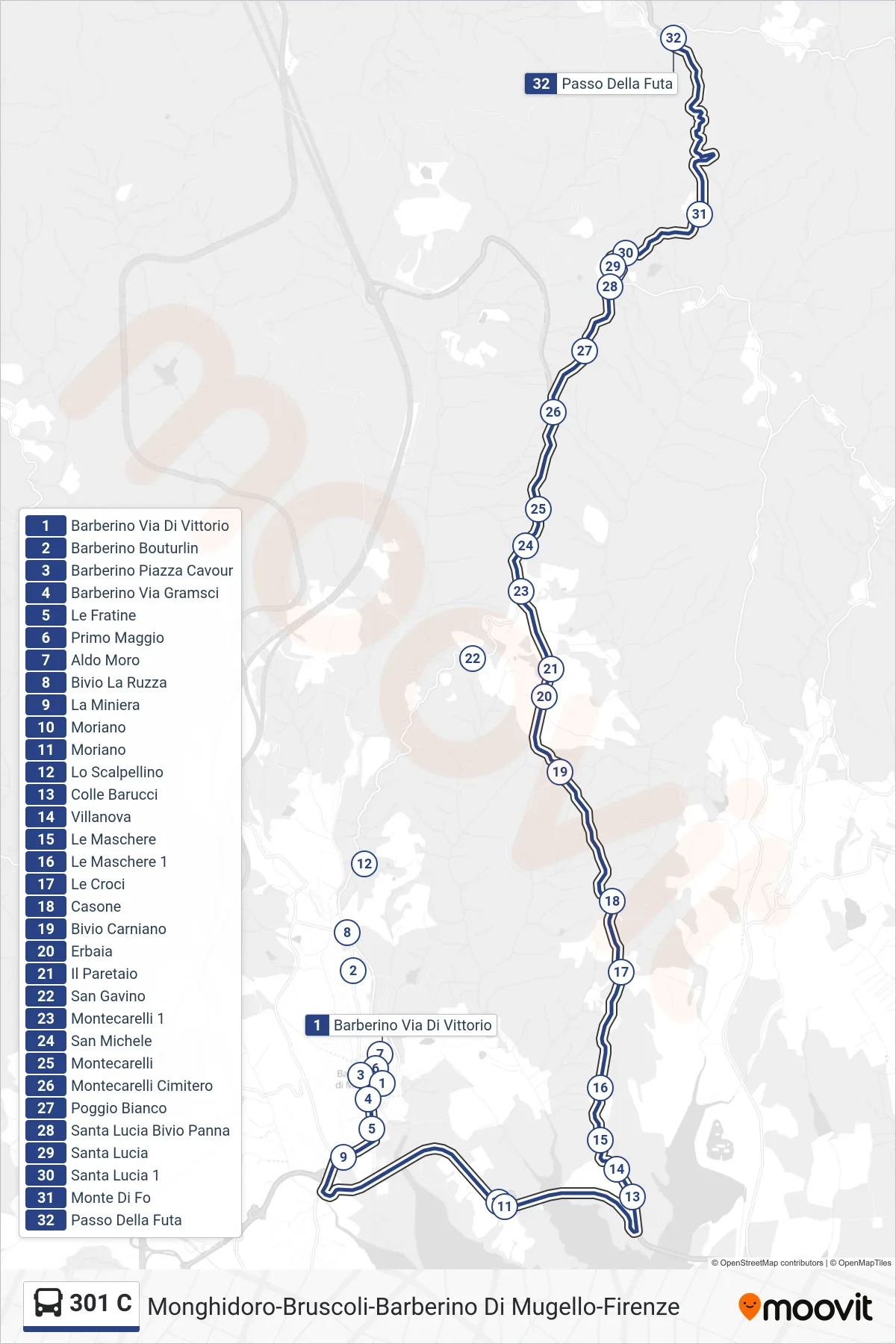 Linea 301 C bus (Passo Della Futa) - Percorsi e fermate sulla mappa