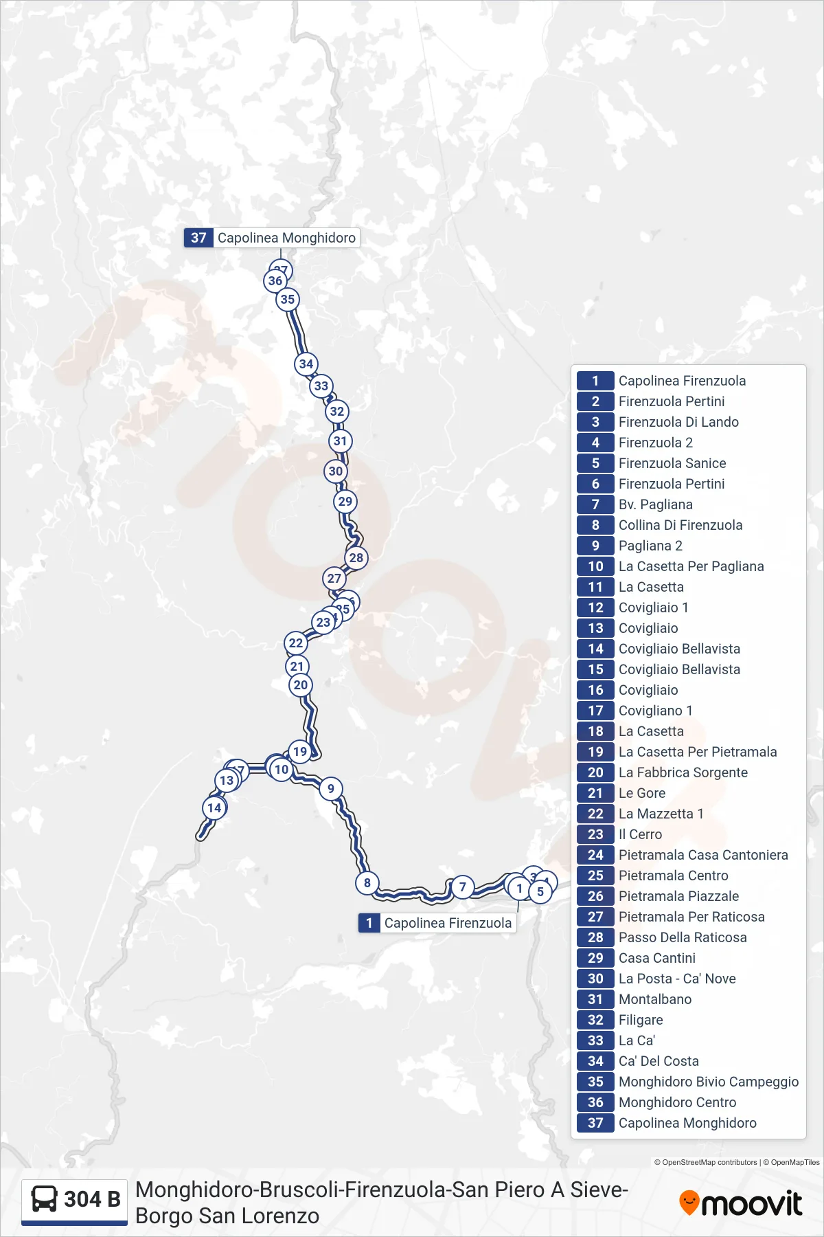 Linea 304 B bus (Capolinea Monghidoro) - Percorsi e fermate sulla mappa