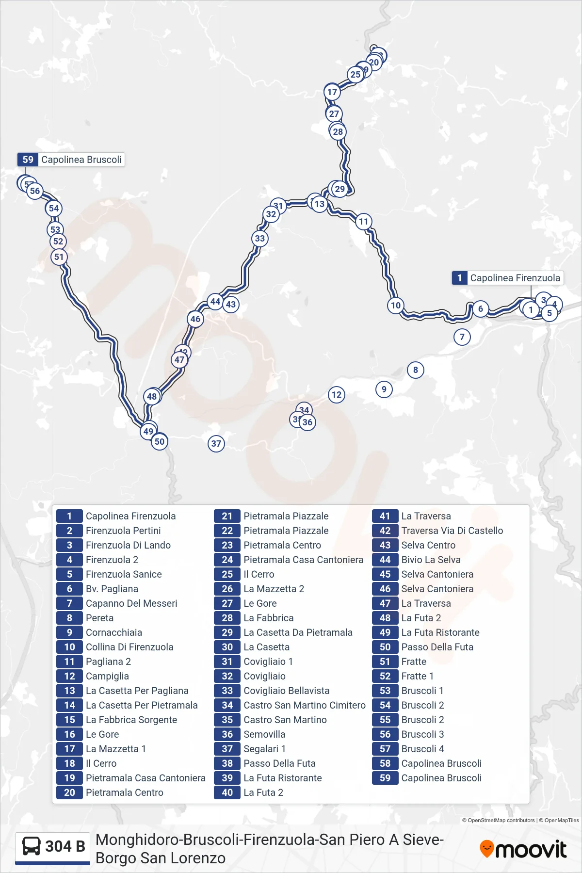 Linea 304 B bus (Capolinea Bruscoli) - Percorsi e fermate sulla mappa