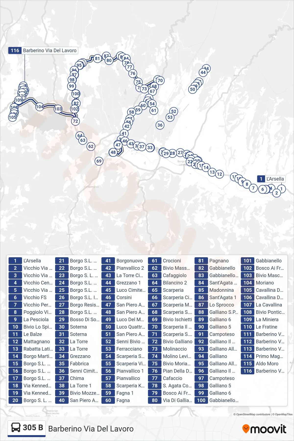 Linea 305 B  bus (Barberino Via Del Lavoro) - Percorsi e fermate sulla mappa