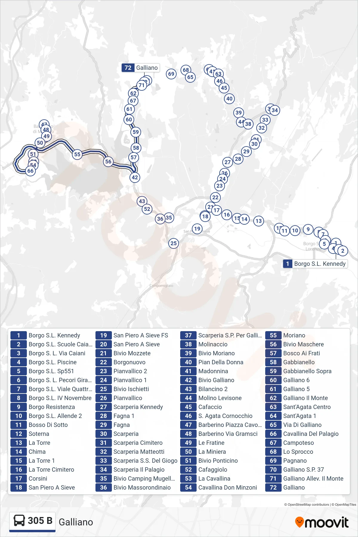 Linea 305 B bus (Galliano) - Percorsi e fermate sulla mappa