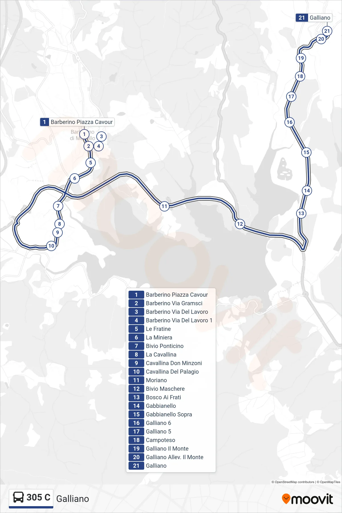 Linea 305 C bus (Galliano) - Percorsi e fermate sulla mappa