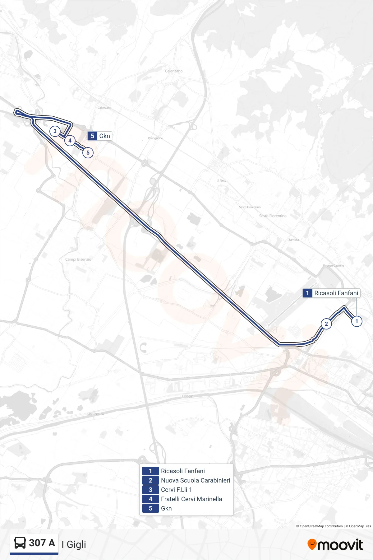 Linea 307 A  bus (I Gigli) - Percorsi e fermate sulla mappa