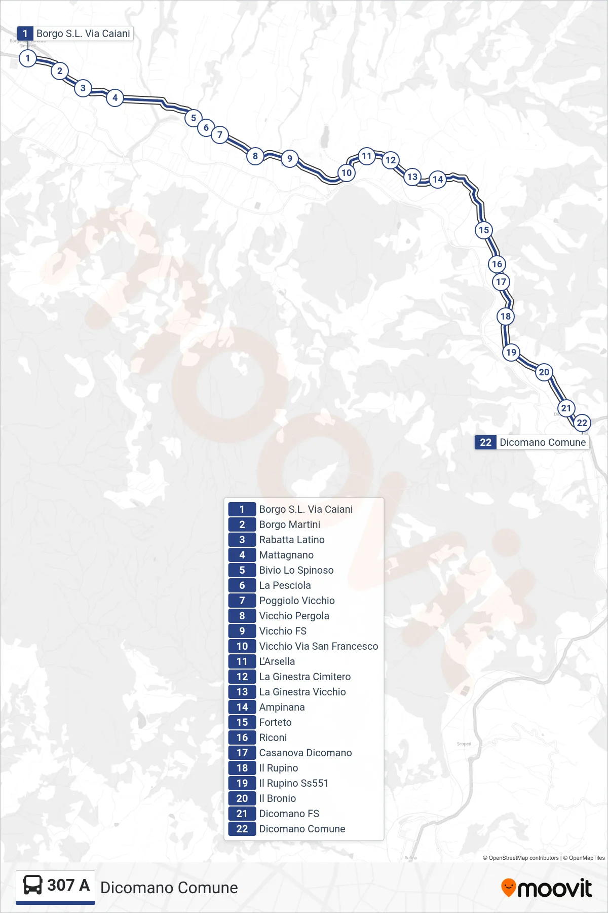 Linea 307 A  bus (Dicomano Comune) - Percorsi e fermate sulla mappa