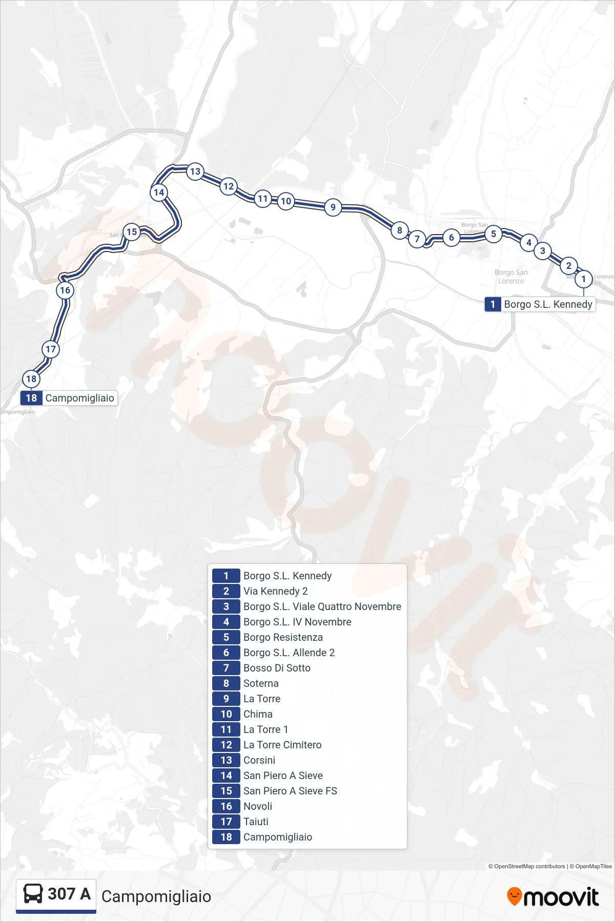 Linea 307 A bus (Campomigliaio) - Percorsi e fermate sulla mappa