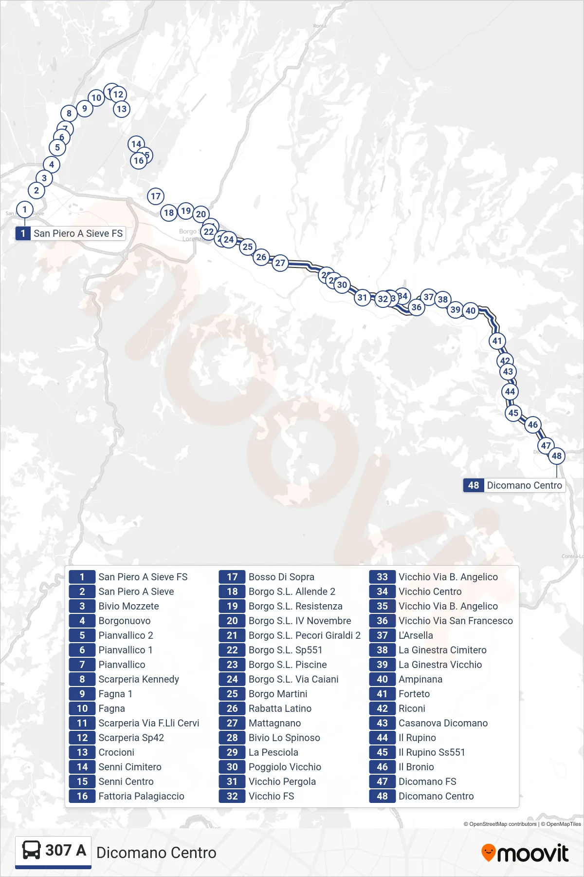 Linea 307 A bus (Dicomano Centro) - Percorsi e fermate sulla mappa