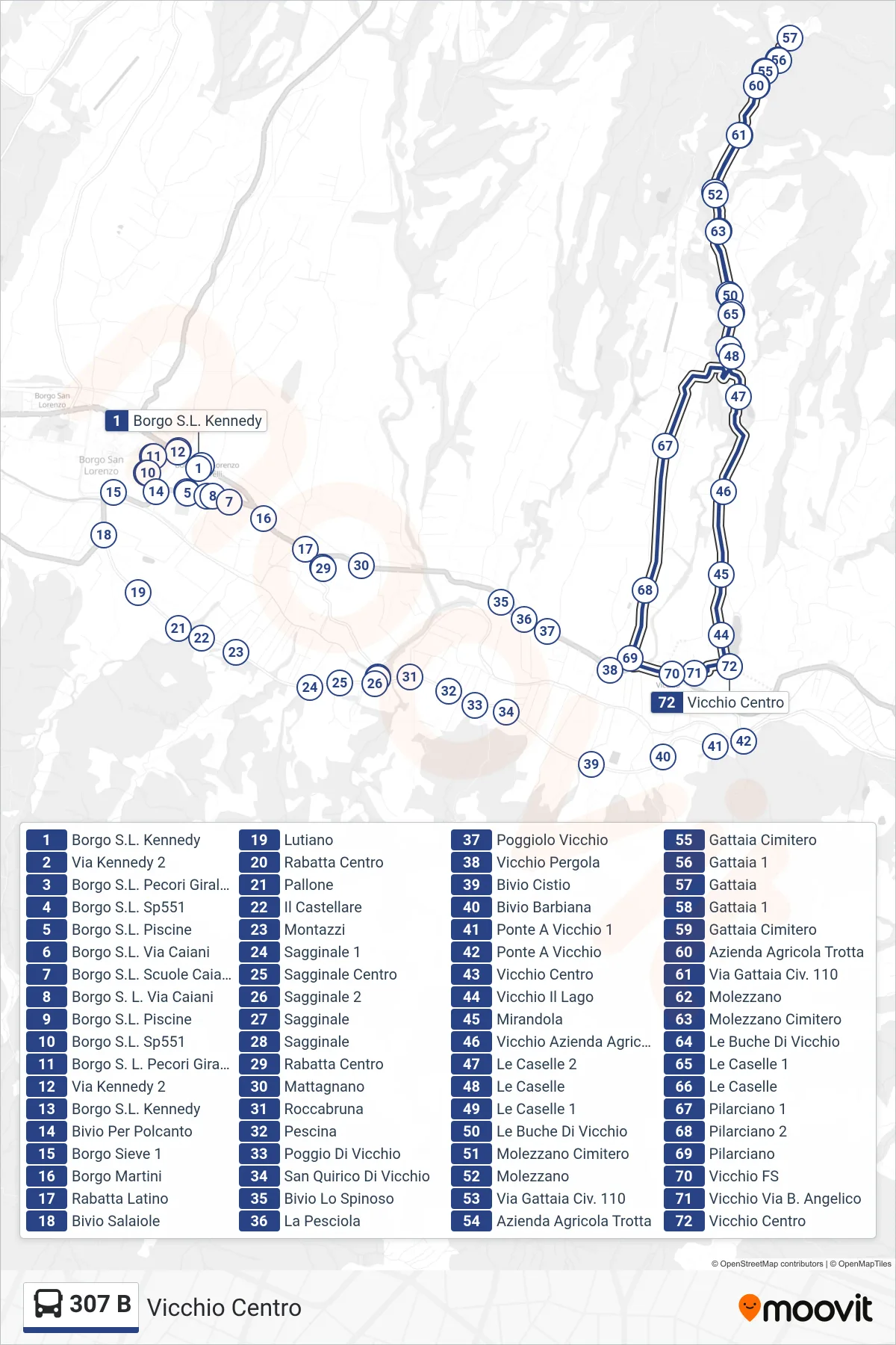Linea 307 B  bus (Vicchio Centro) - Percorsi e fermate sulla mappa