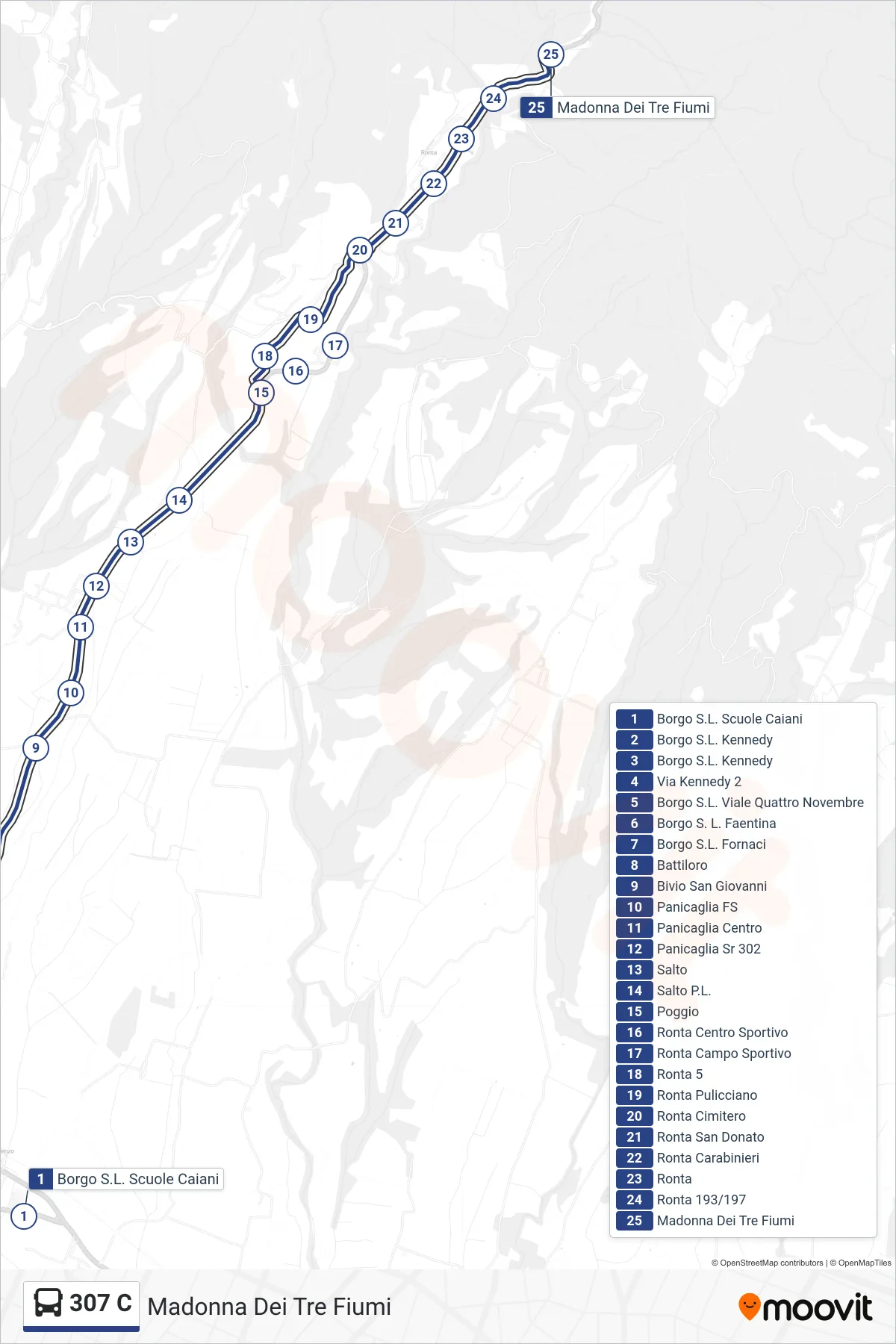 Linea 307 C bus (Madonna Dei Tre Fiumi) - Percorsi e fermate sulla mappa