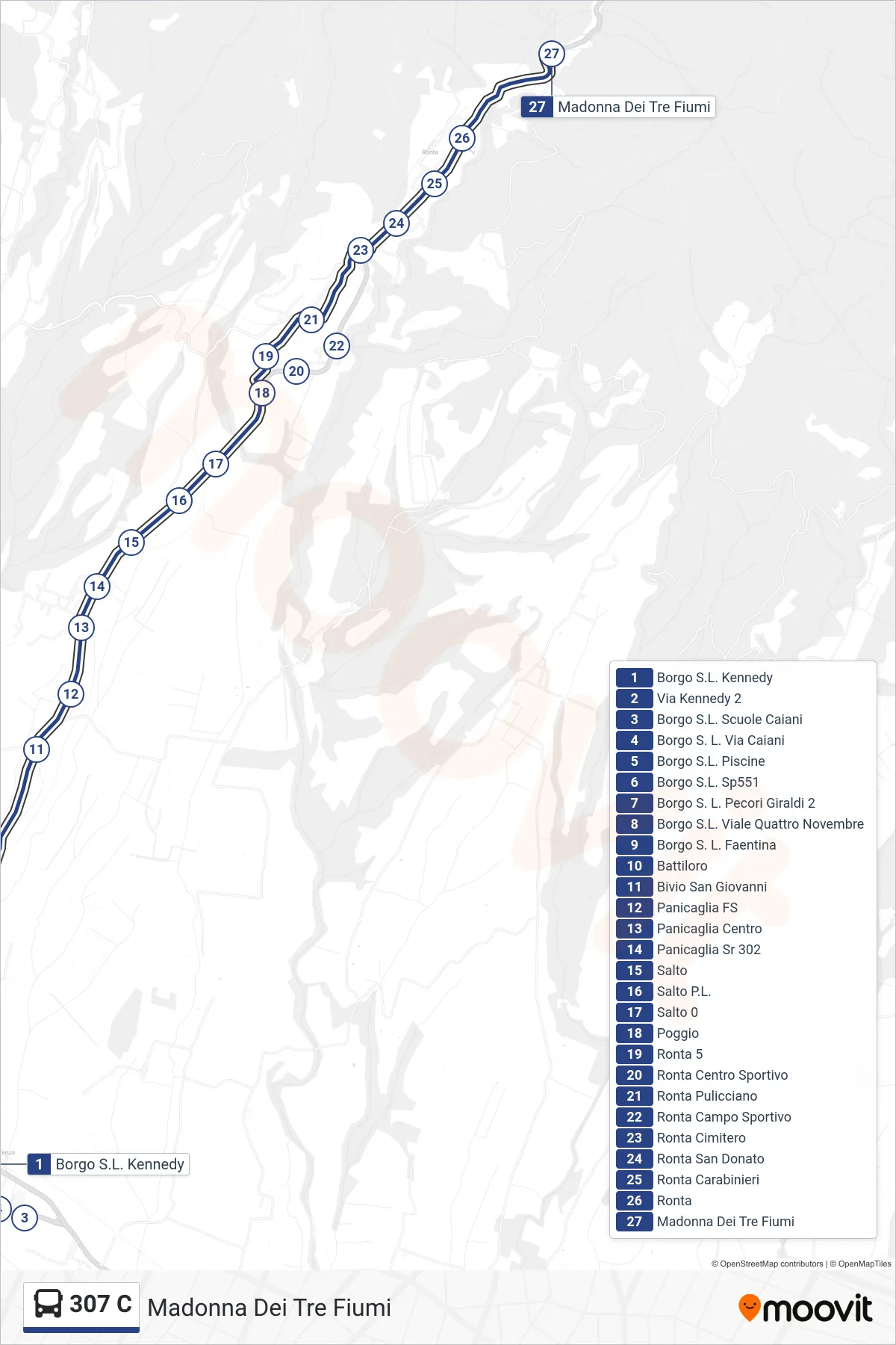 Linea 307 C bus (Madonna Dei Tre Fiumi) - Percorsi e fermate sulla mappa
