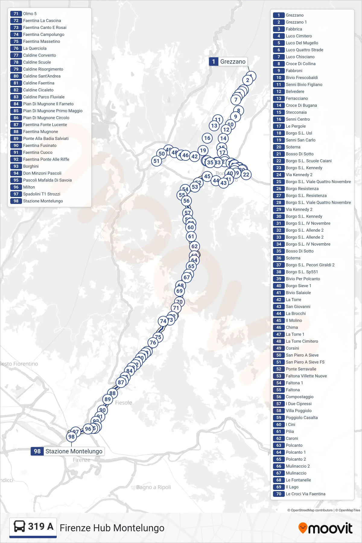 Linea 319 A  bus (Firenze Hub Montelungo) - Percorsi e fermate sulla mappa