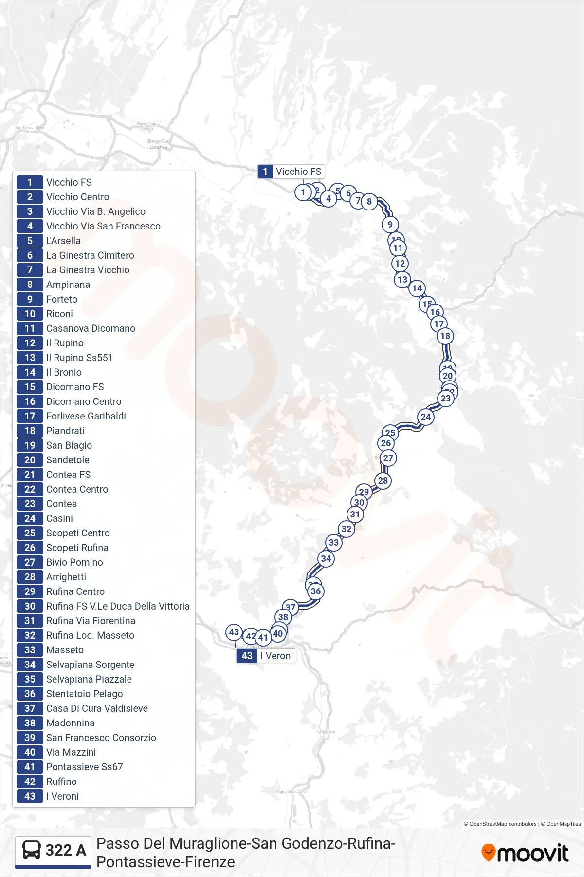 Linea 322 A bus (I Veroni) - Percorsi e fermate sulla mappa