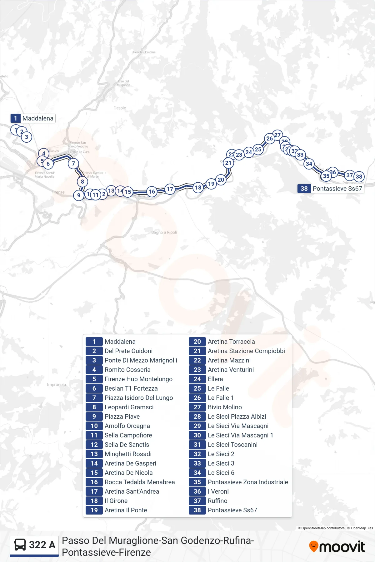 Linea 322 A bus (Pontassieve Ss67) - Percorsi e fermate sulla mappa