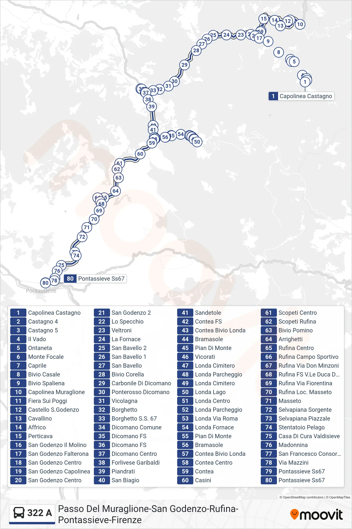 Linea 322 A bus (Pontassieve Ss67) - Percorsi e fermate sulla mappa