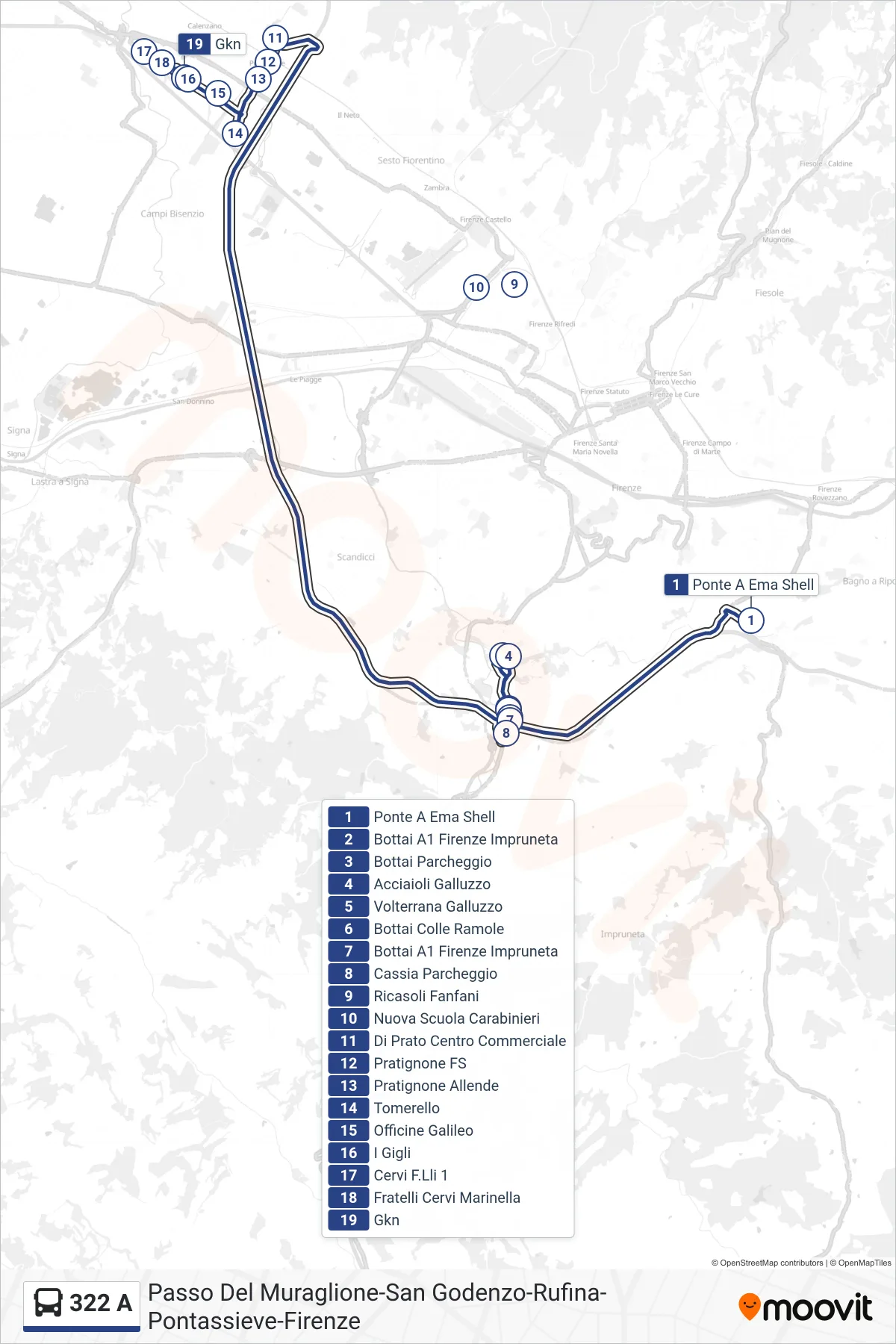Linea 322 A  bus (I Gigli) - Percorsi e fermate sulla mappa