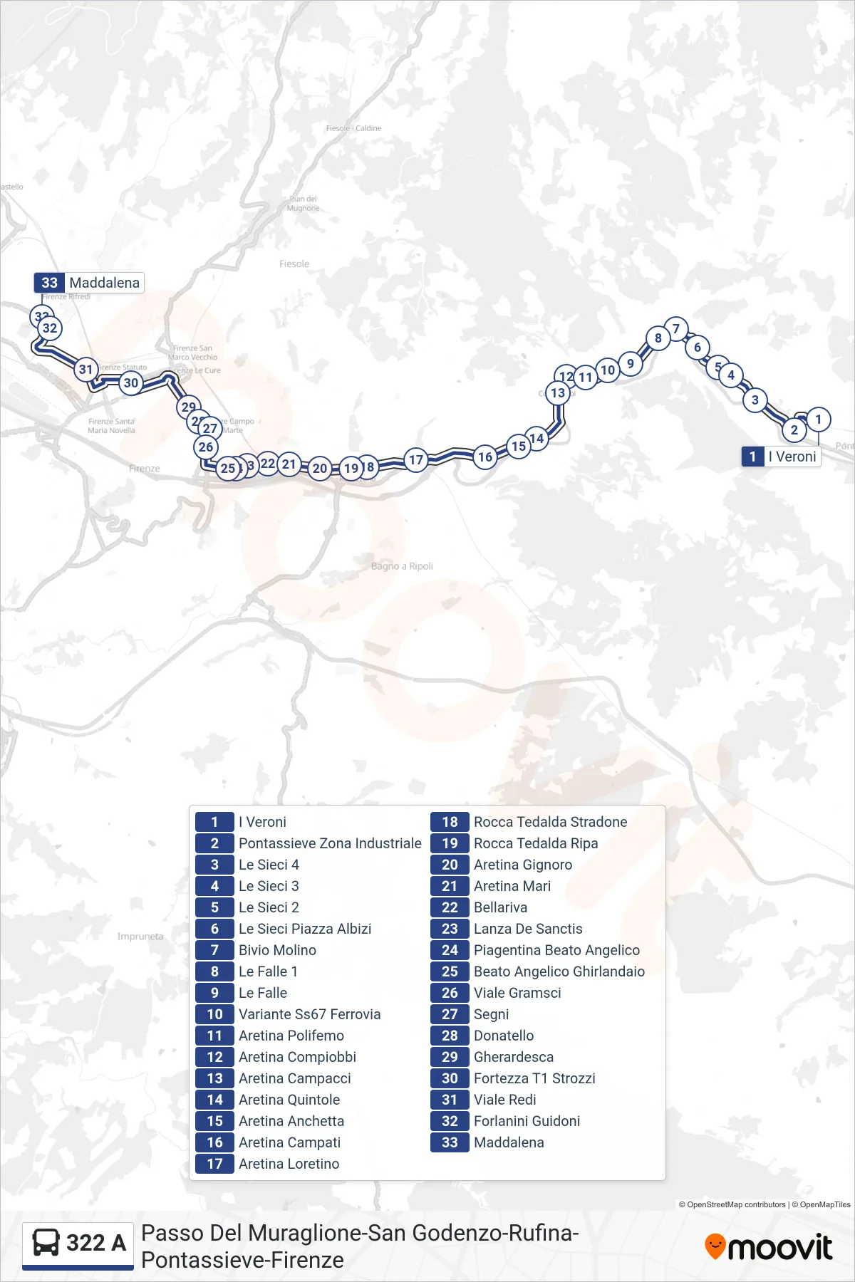 Linea 322 A  bus (Firenze Novoli Via Maddalena) - Percorsi e fermate sulla mappa
