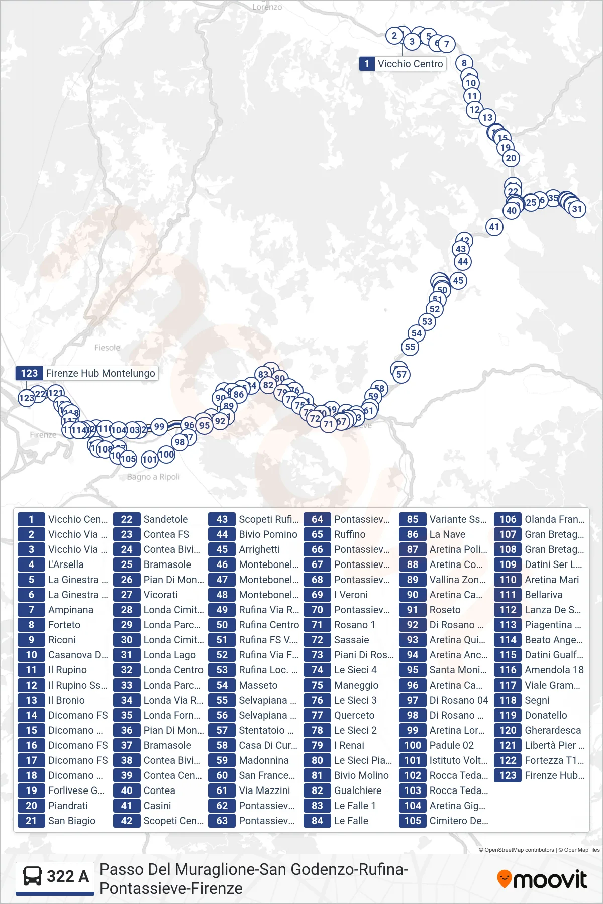 Linea 322 A  bus (Firenze Hub Montelungo) - Percorsi e fermate sulla mappa