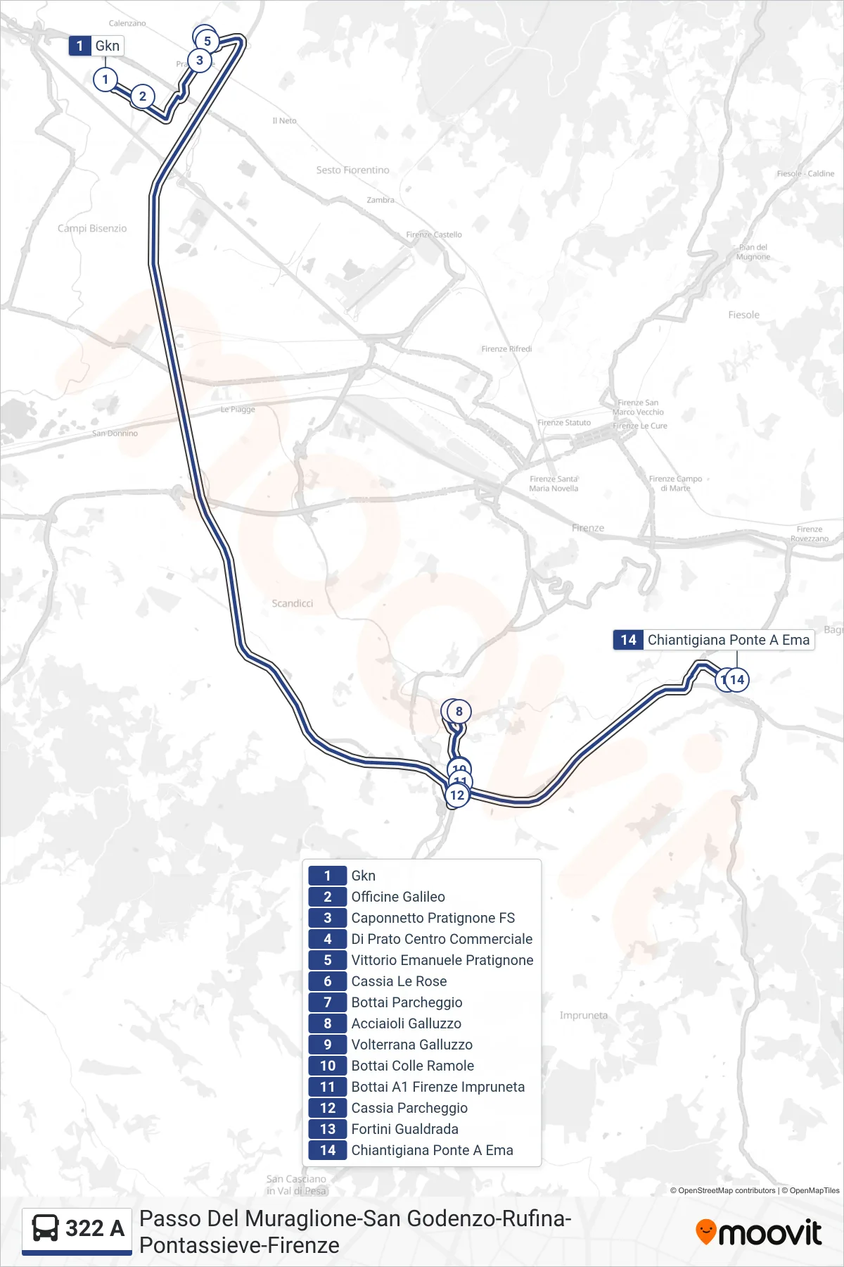 Linea 322 A  bus (Ponte A Ema) - Percorsi e fermate sulla mappa