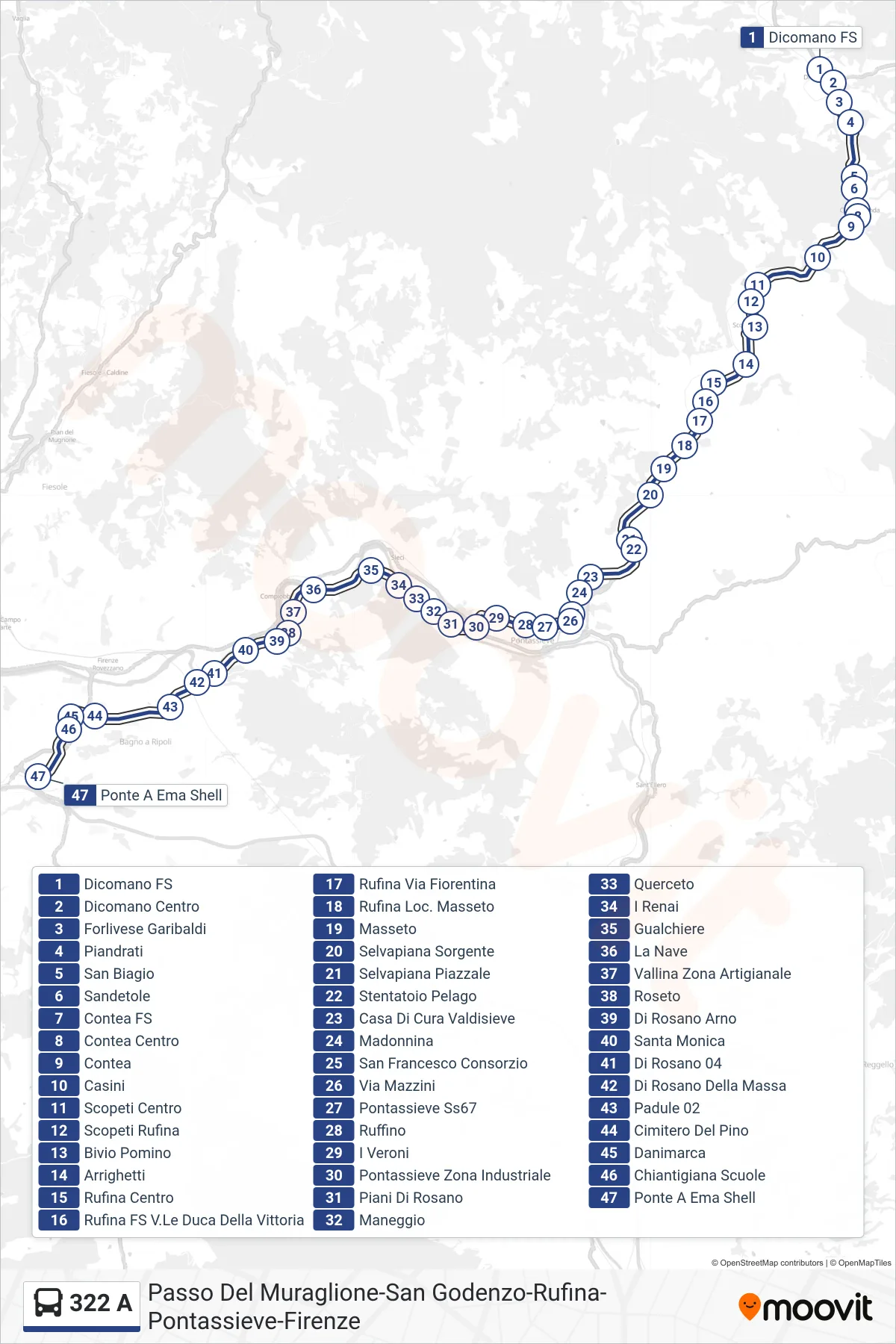 Linea 322 A  bus (Ponte A Ema Shell) - Percorsi e fermate sulla mappa