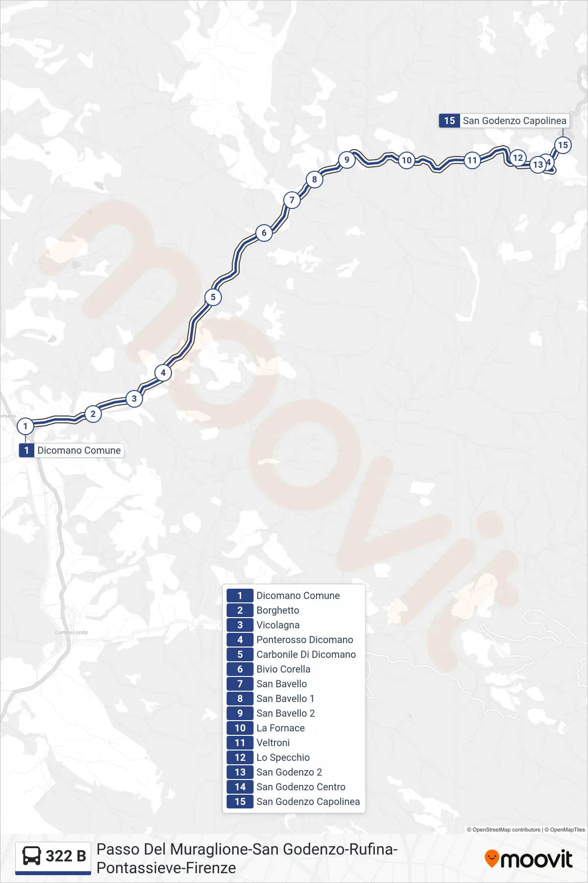 Linea 322 B bus (San Godenzo Capolinea) - Percorsi e fermate sulla mappa