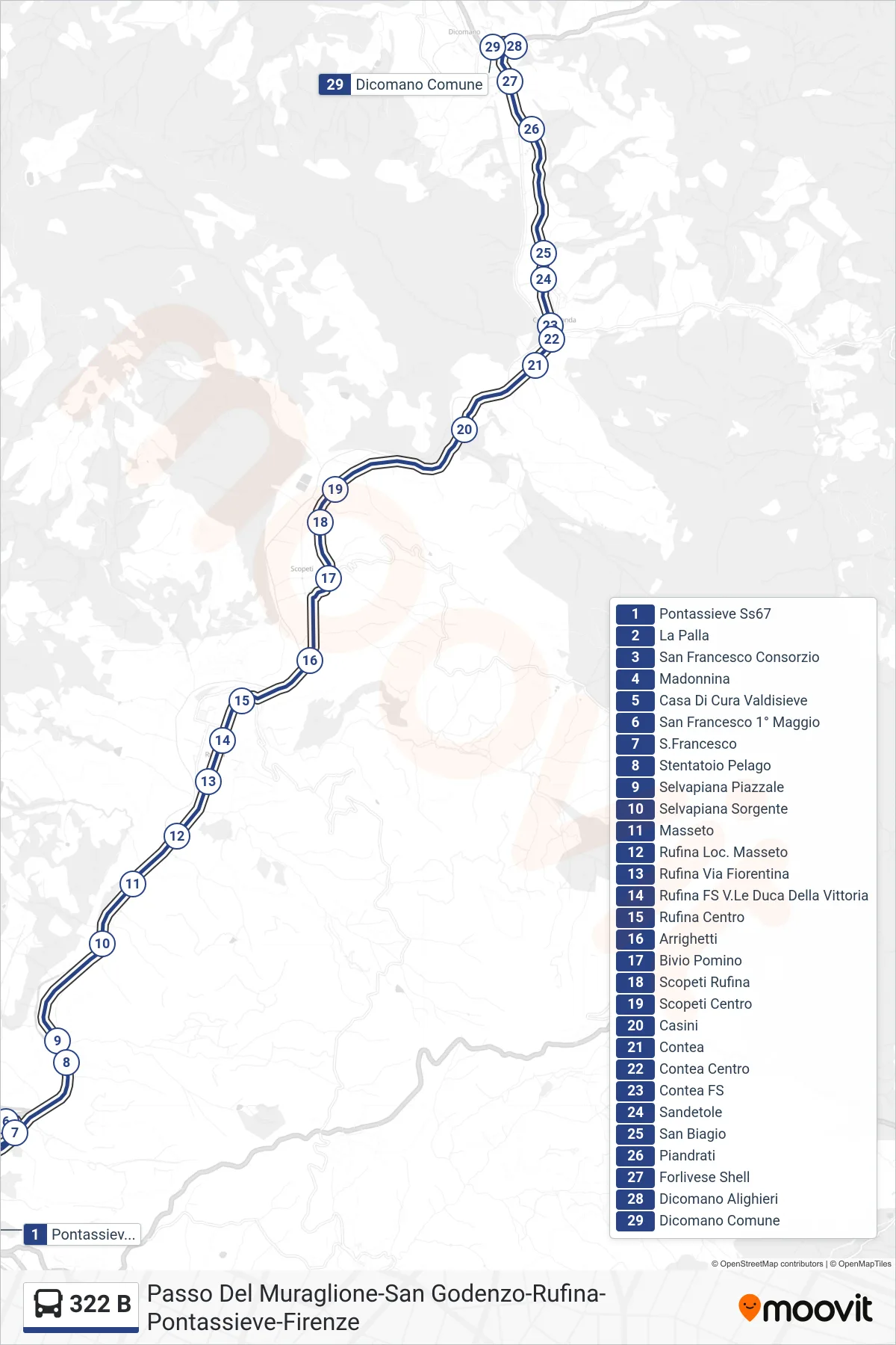 Linea 322 B bus (Dicomano Comune) - Percorsi e fermate sulla mappa
