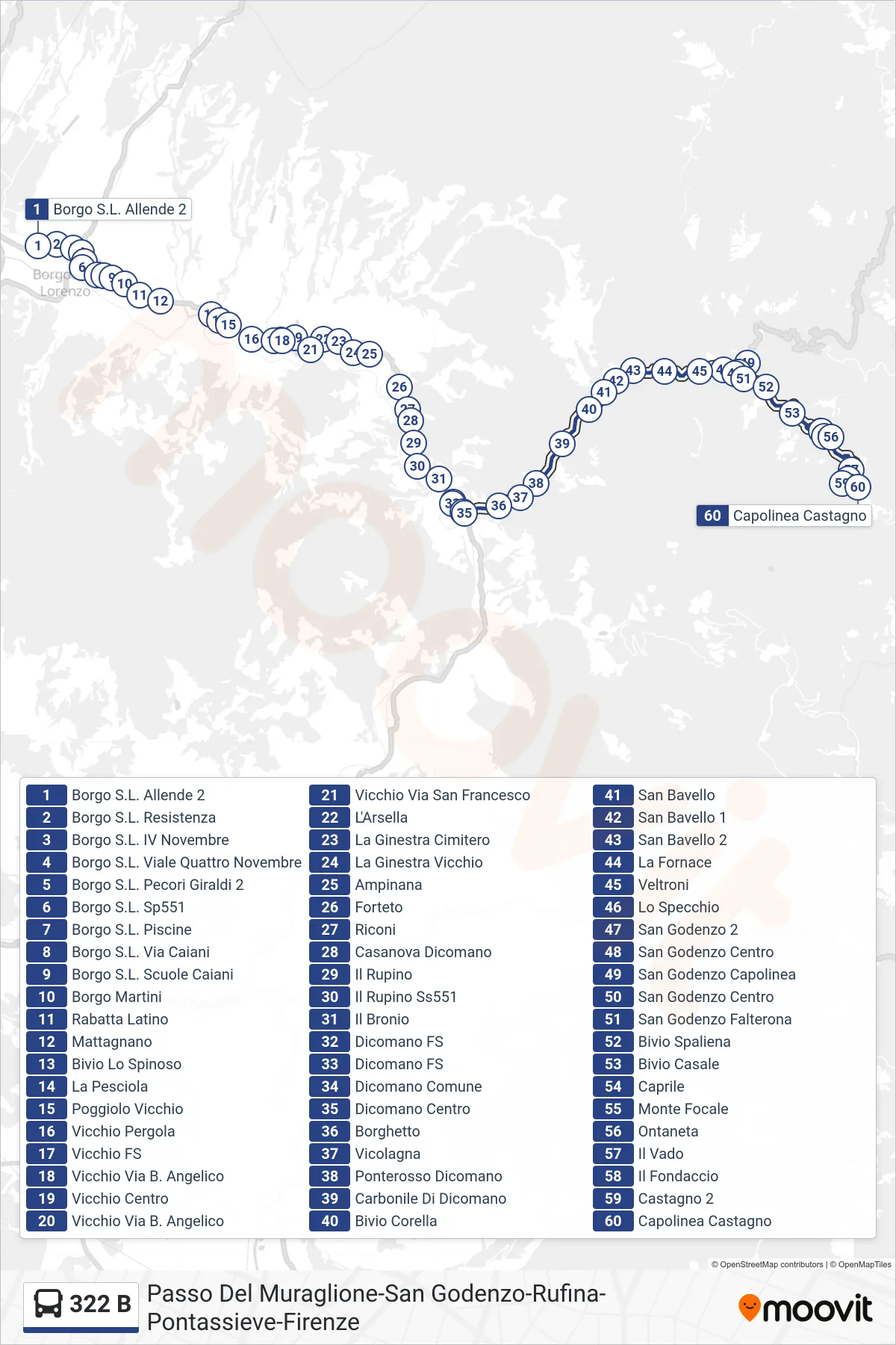 Linea 322 B bus (Capolinea Castagno) - Percorsi e fermate sulla mappa