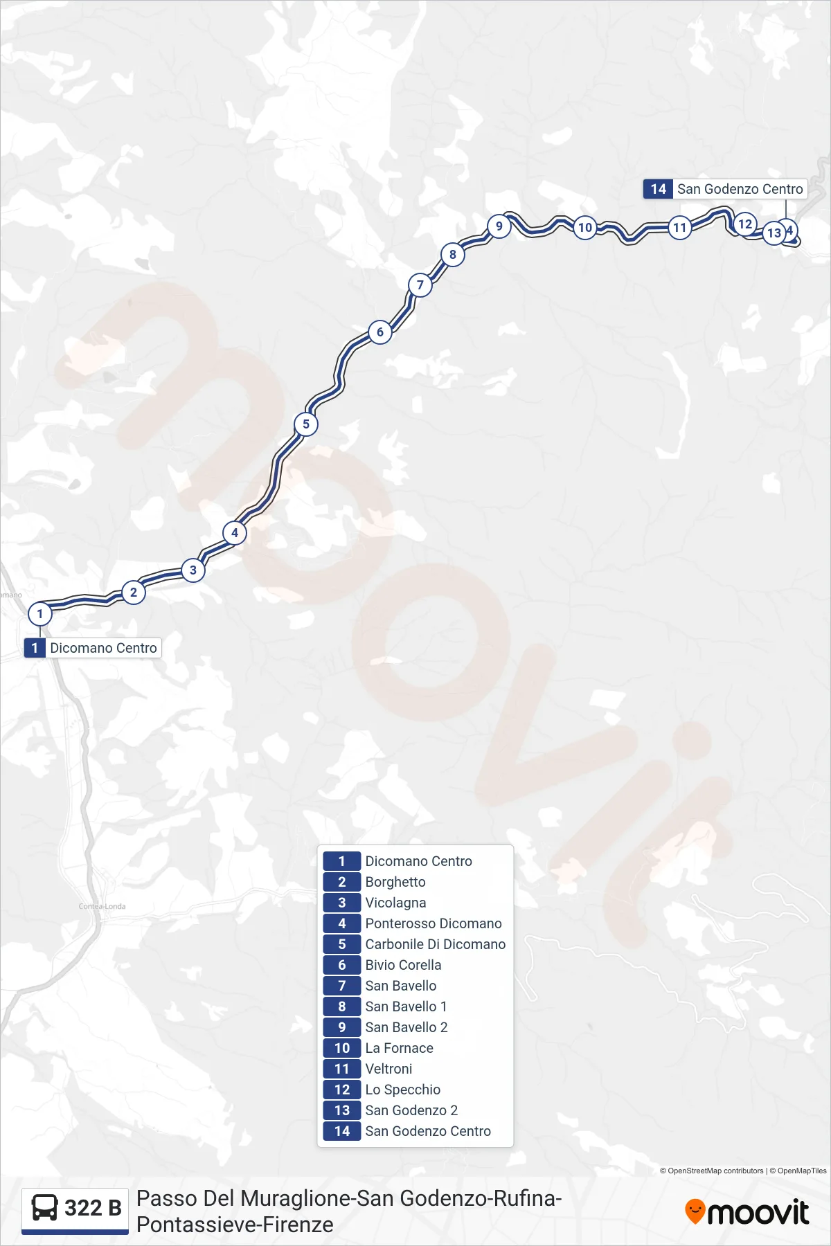 Linea 322 B bus (San Godenzo Centro) - Percorsi e fermate sulla mappa