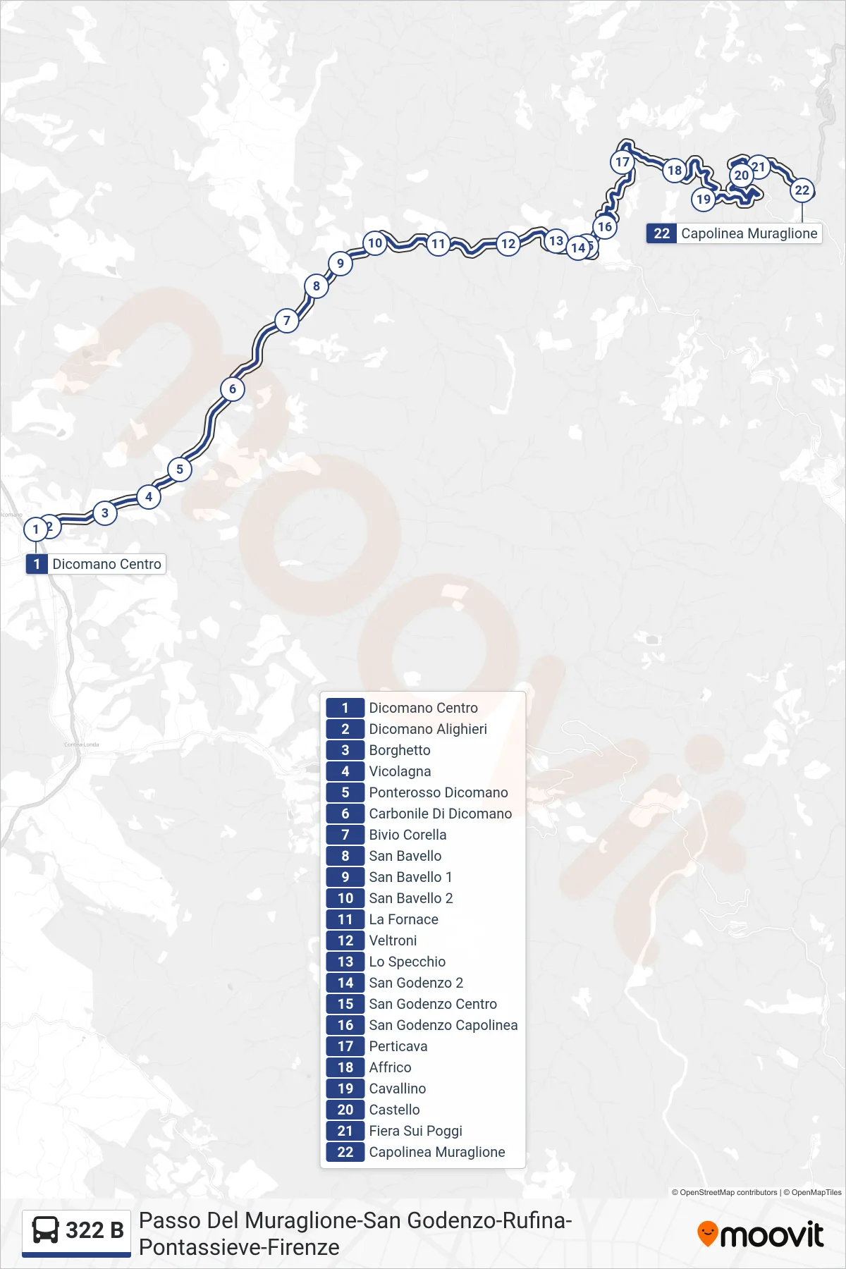 Linea 322 B  bus (Capolinea Muraglione) - Percorsi e fermate sulla mappa