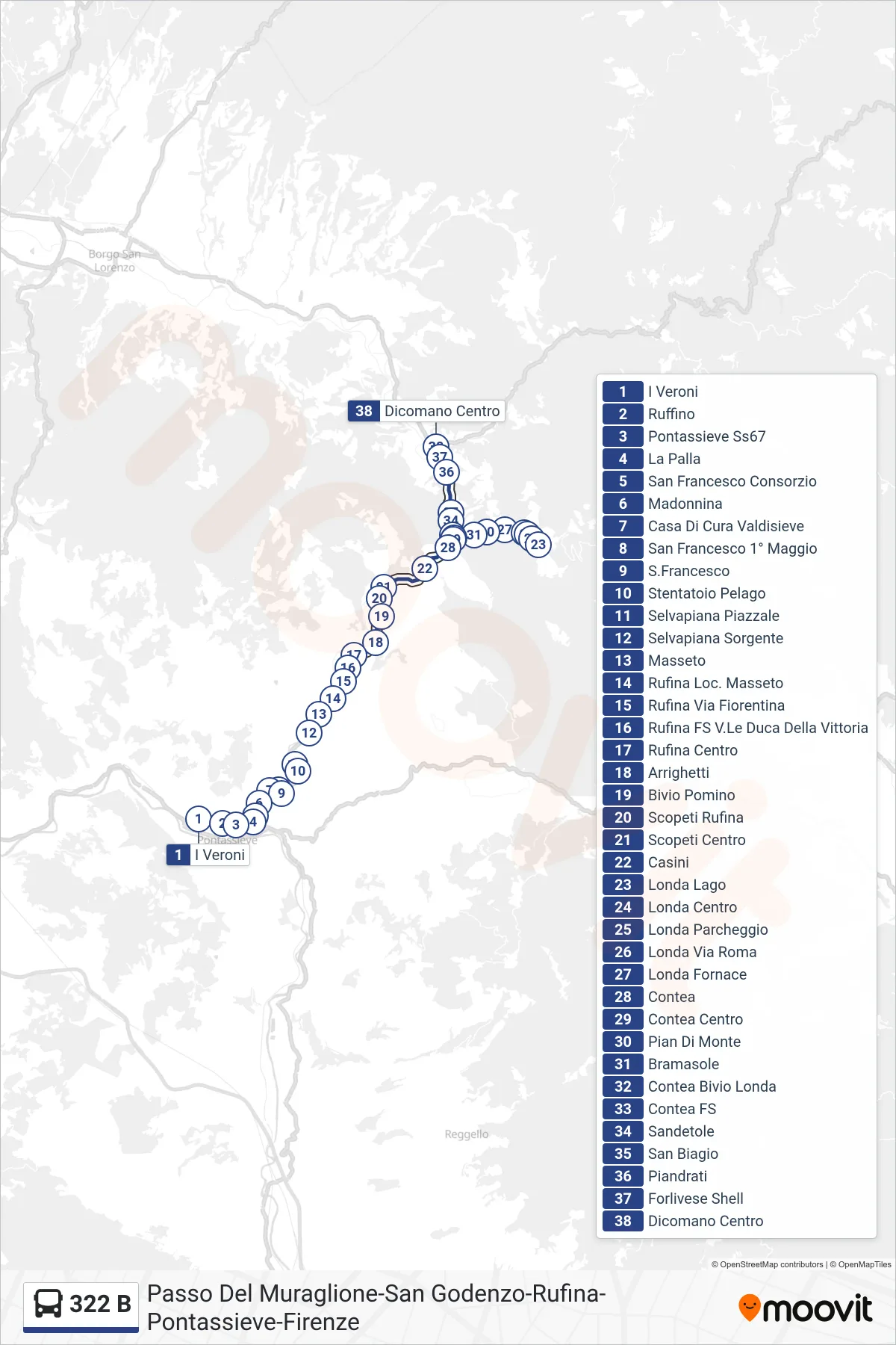 Linea 322 B bus (Dicomano Centro) - Percorsi e fermate sulla mappa