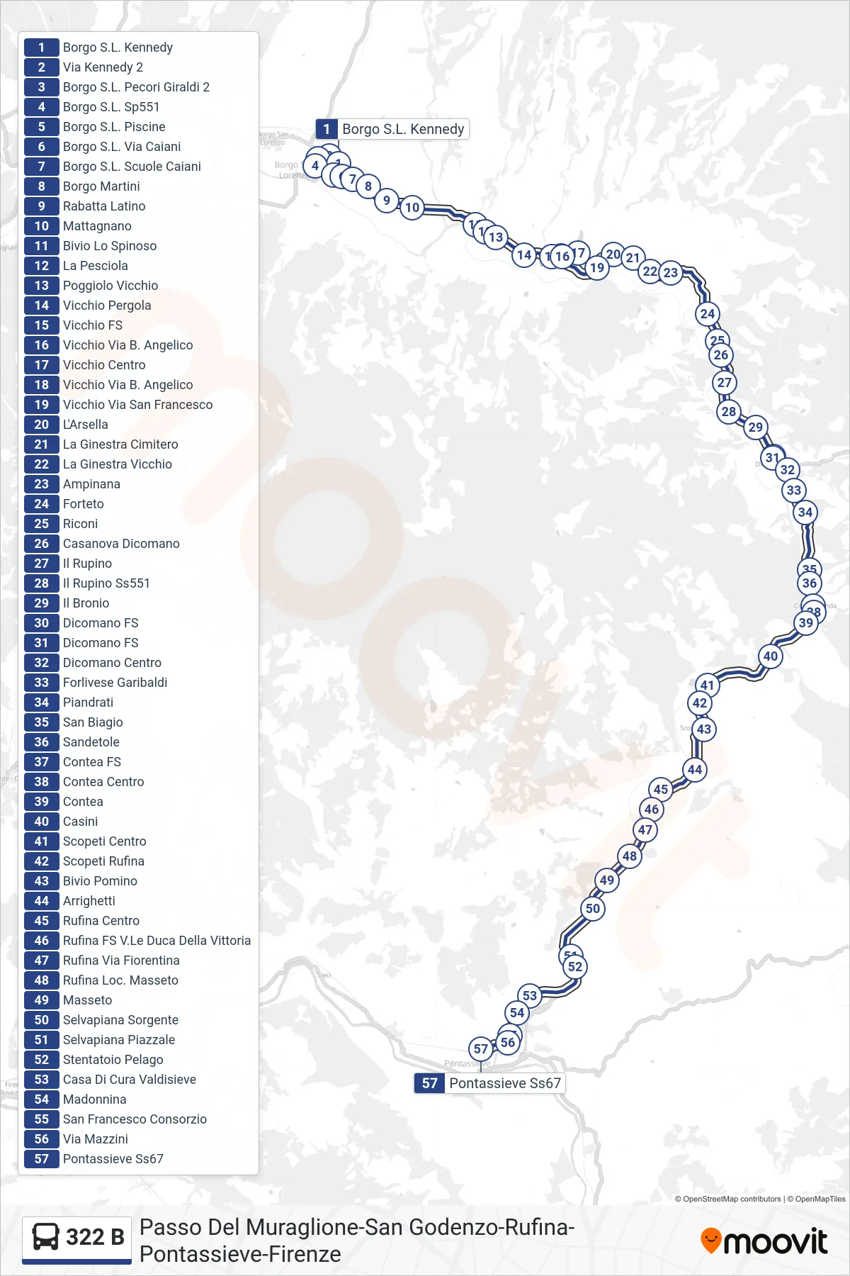 Linea 322 B bus (Pontassieve Ss67) - Percorsi e fermate sulla mappa